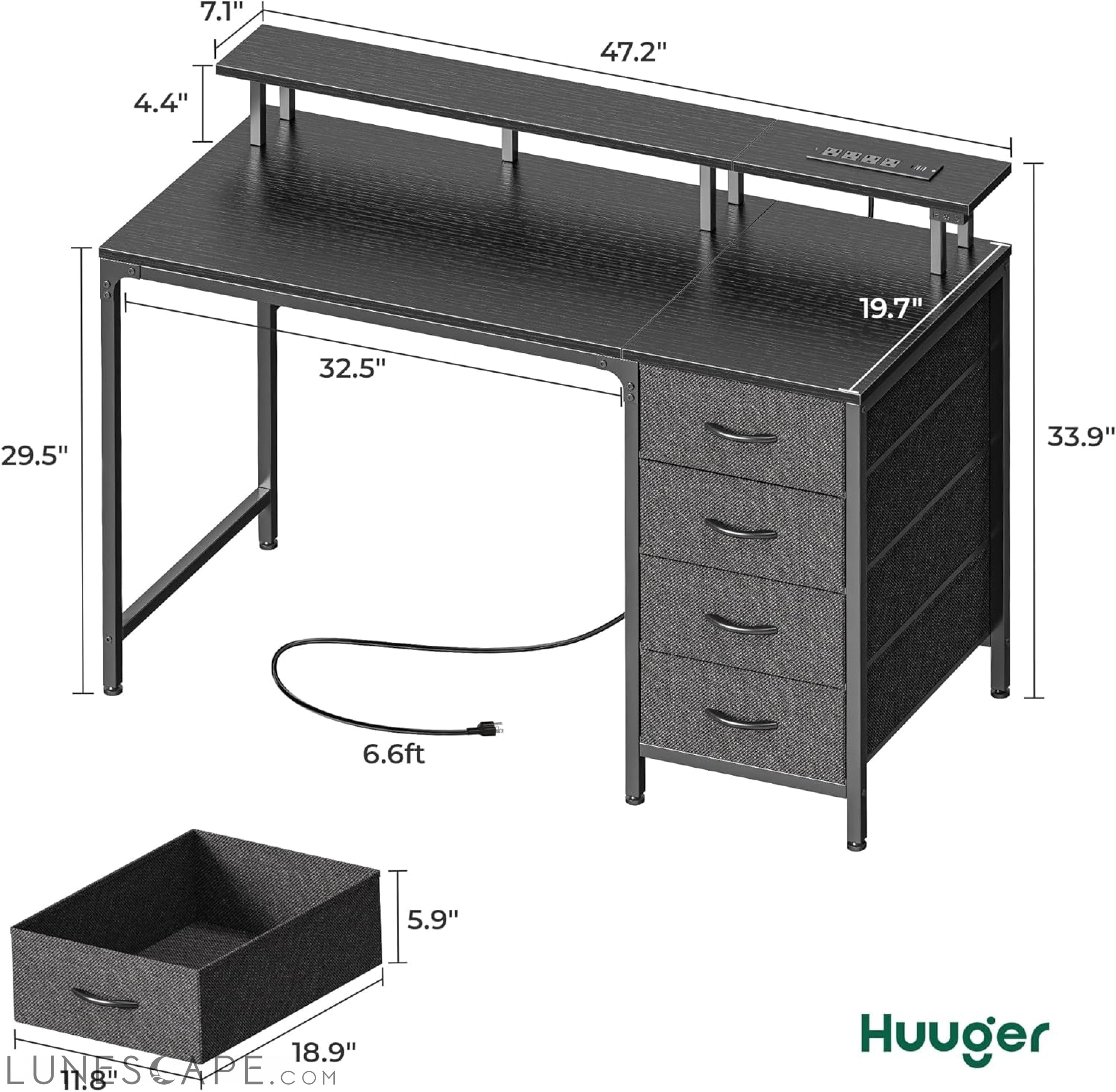 47 Inch Computer Desk with Power Outlets and LED Lights, Gaming Desk LUNESCAPE