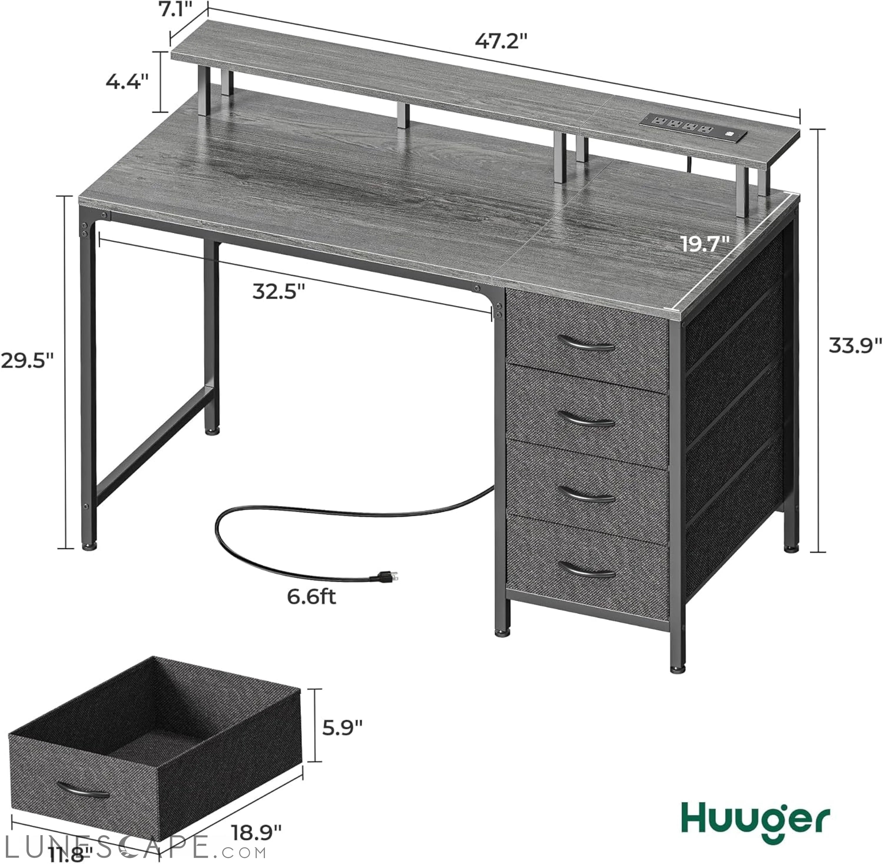 47 Inch Computer Desk with Power Outlets and LED Lights, Gaming Desk LUNESCAPE