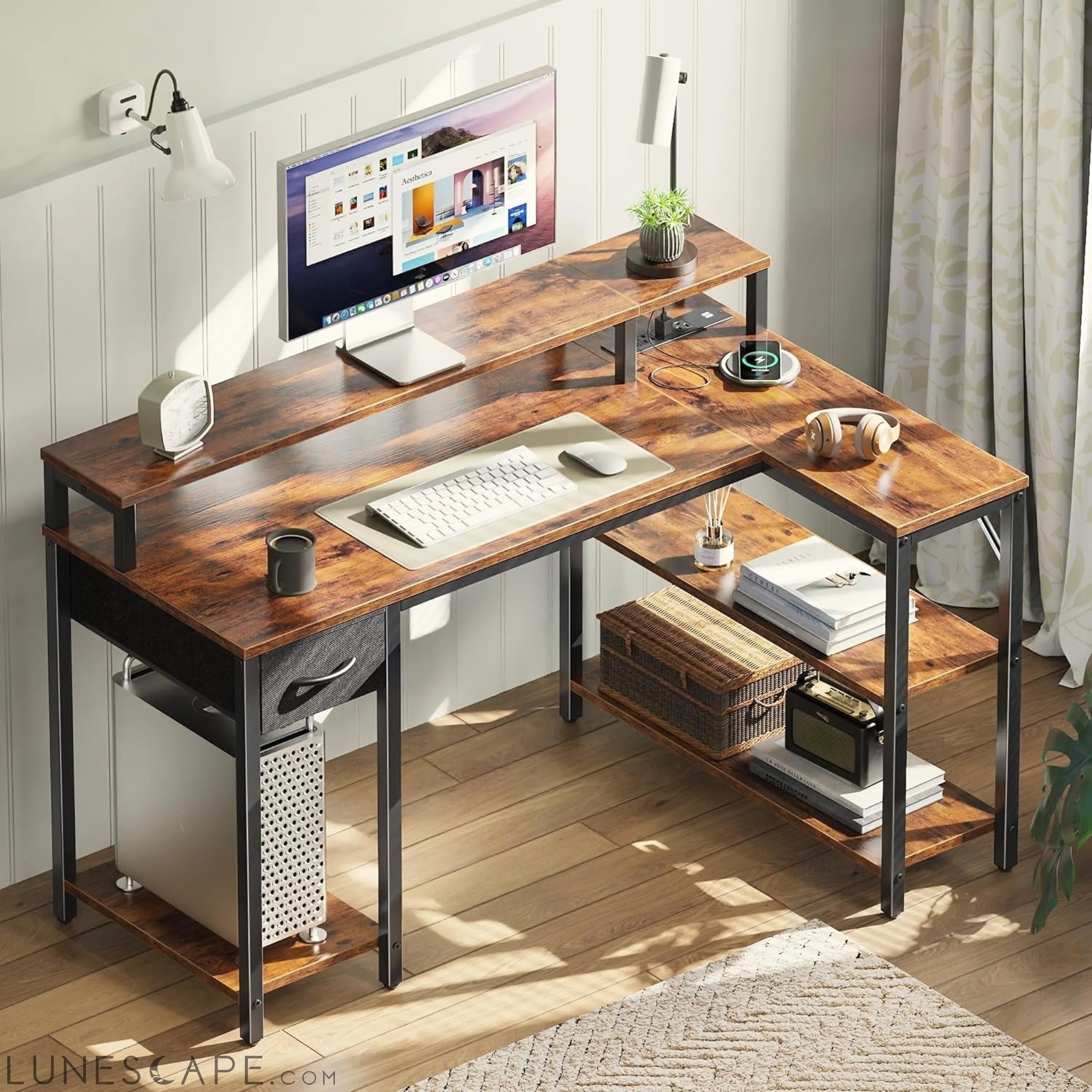 47 Inch Reversible L Shaped Desk with LED Lights & Power Outlets, LUNESCAPE