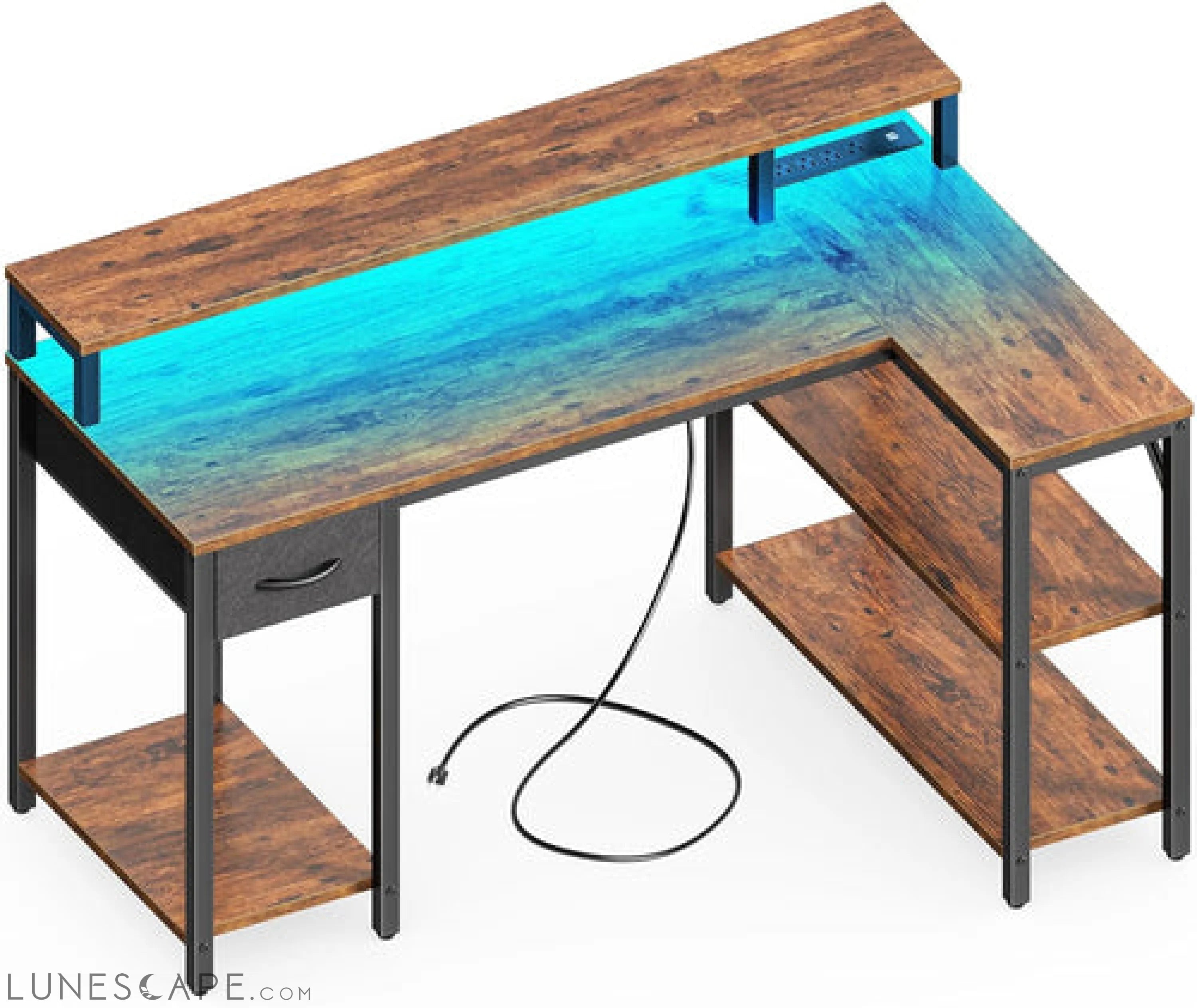 47 Inch Reversible L Shaped Desk with LED Lights & Power Outlets, LUNESCAPE