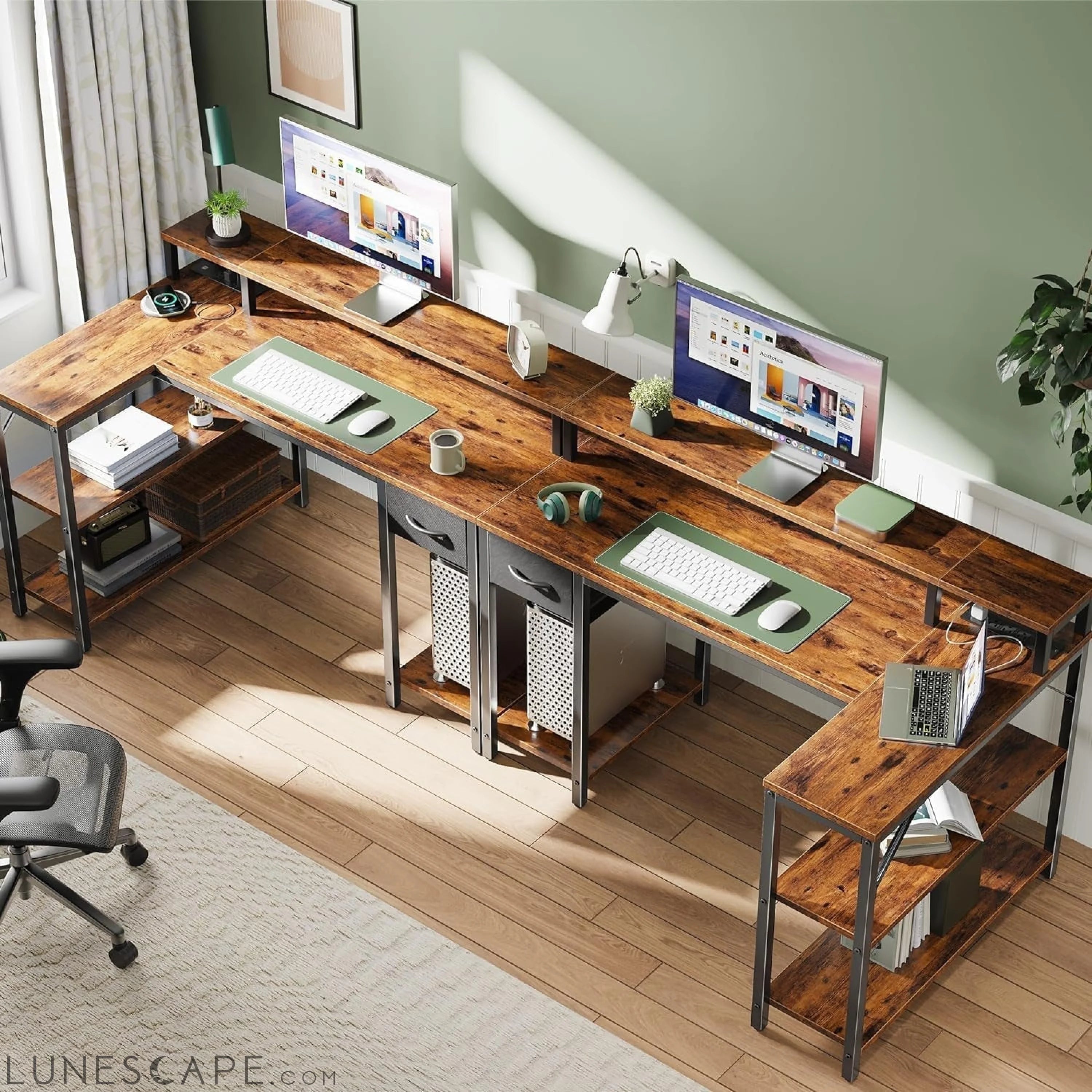47 Inch Reversible L Shaped Desk with LED Lights & Power Outlets, LUNESCAPE