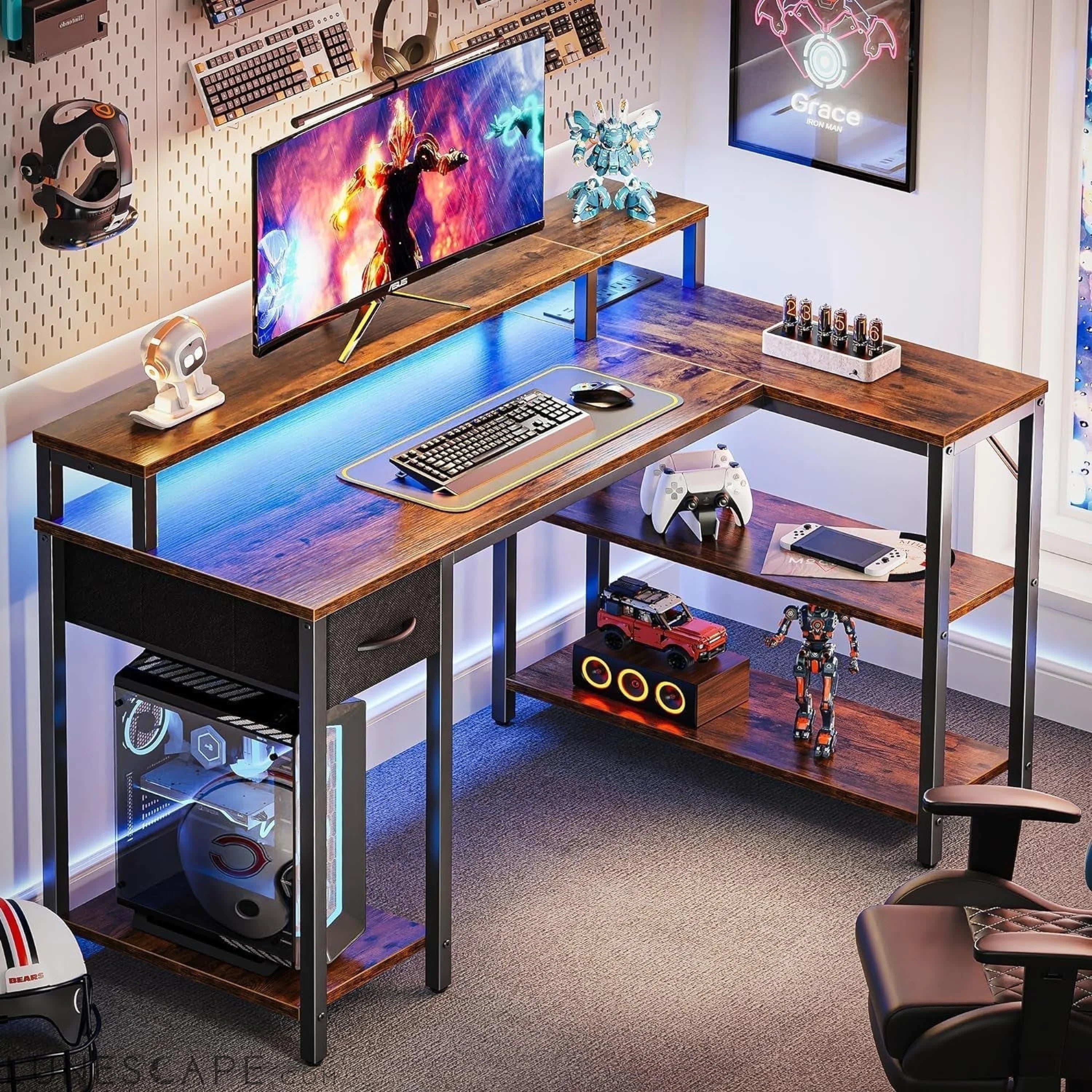 47 Inch Reversible L Shaped Desk with LED Lights & Power Outlets, LUNESCAPE