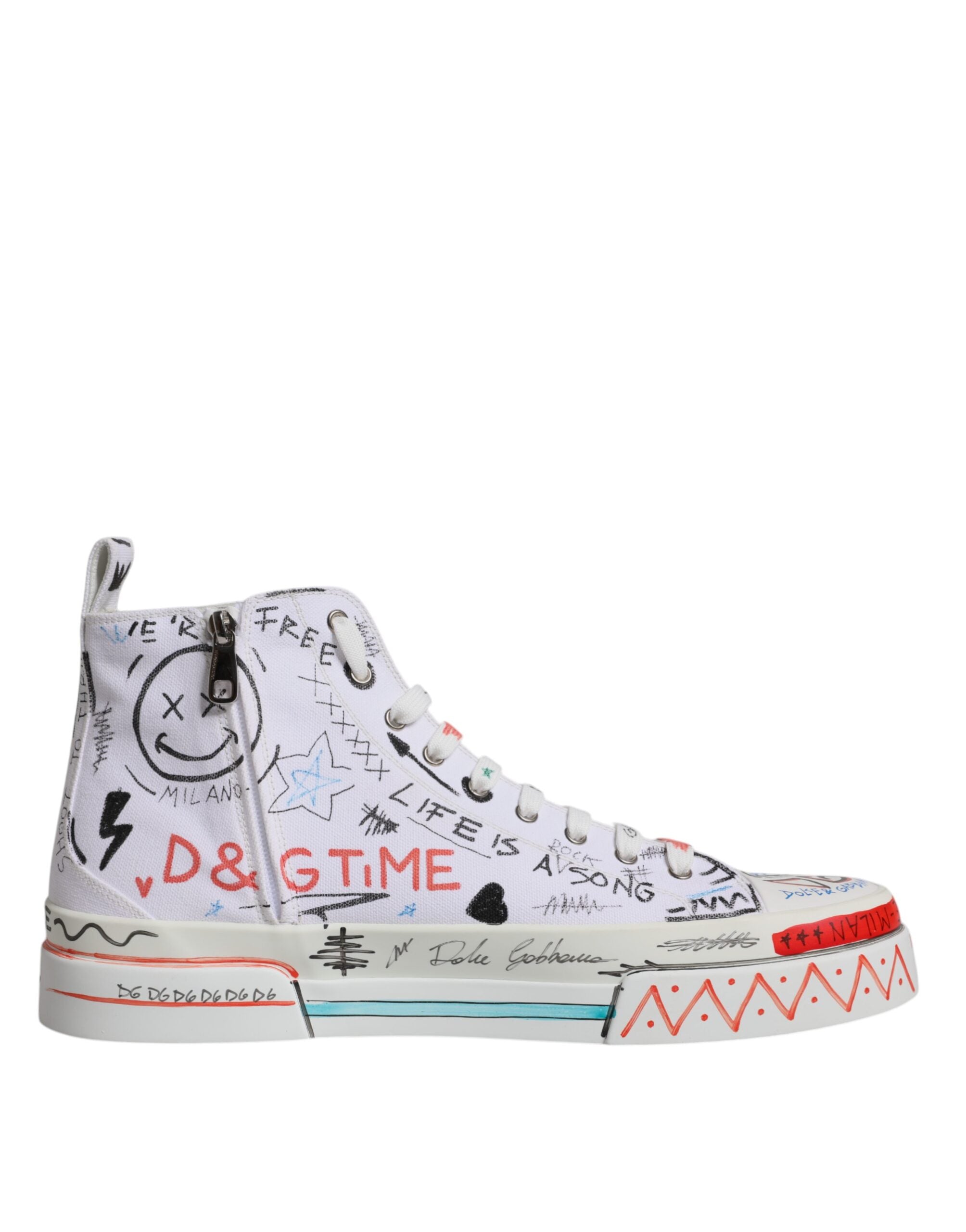 Dolce & Gabbana White Cotton Graffiti High Top Sneaker Shoes LUNESCAPE