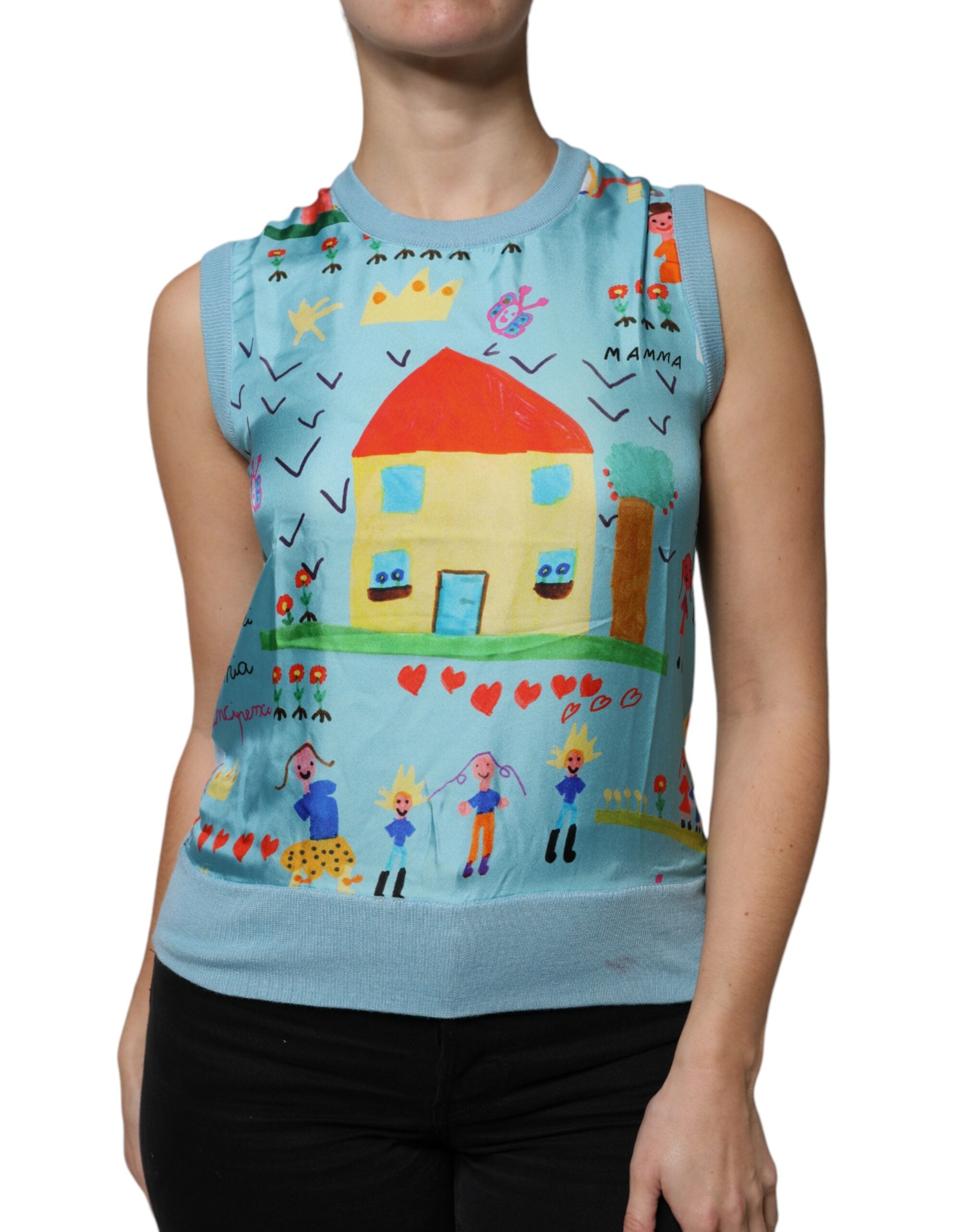 Dolce & Gabbana Blue Drawing Cashmere Sleeveless Tank Top LUNESCAPE