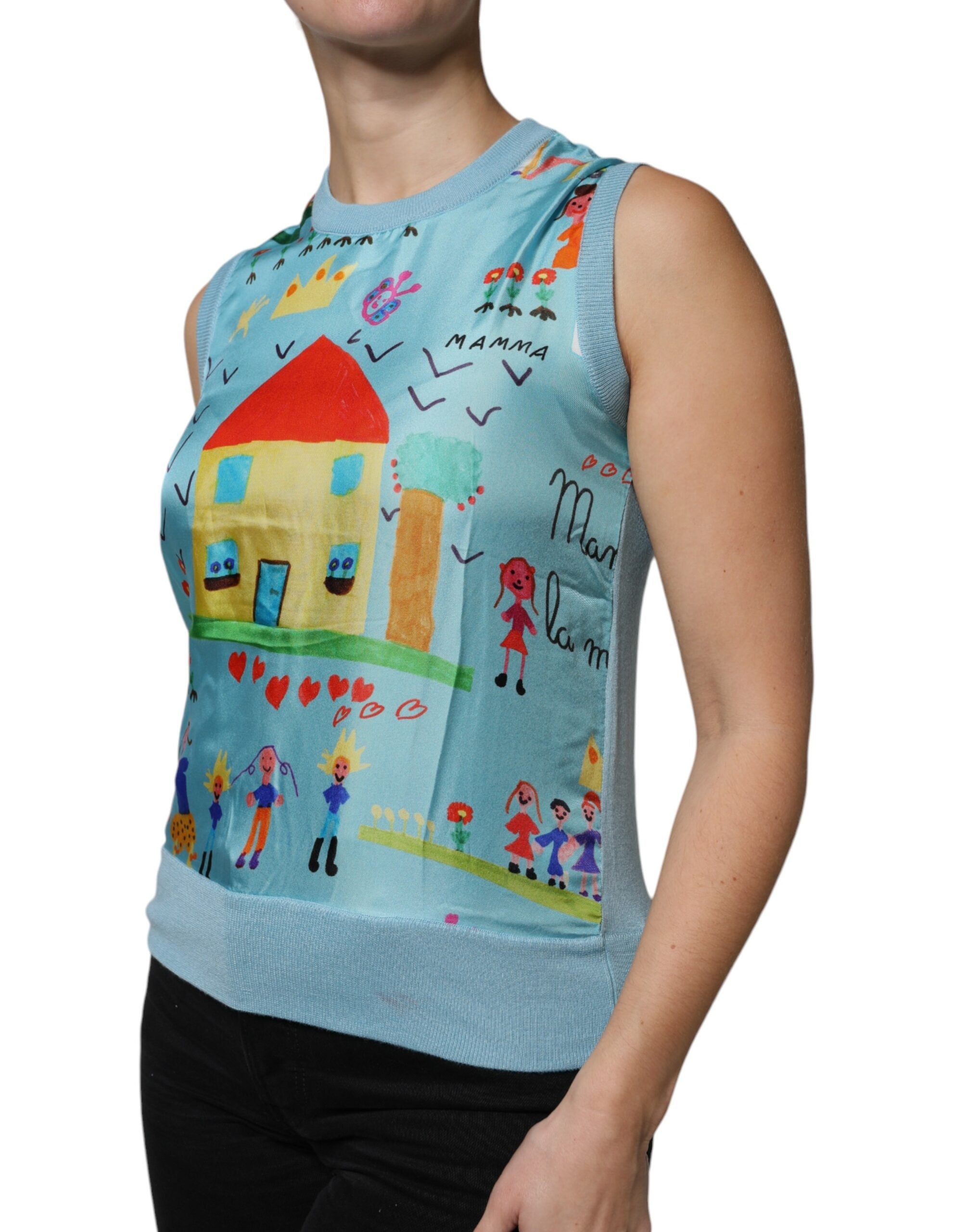 Dolce & Gabbana Blue Drawing Cashmere Sleeveless Tank Top LUNESCAPE