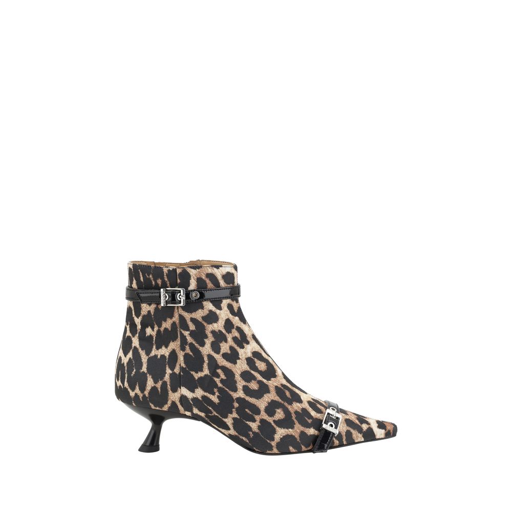 Ganni Eyelets Stiletto Kitten Heel Leopard Print Ankle Boots