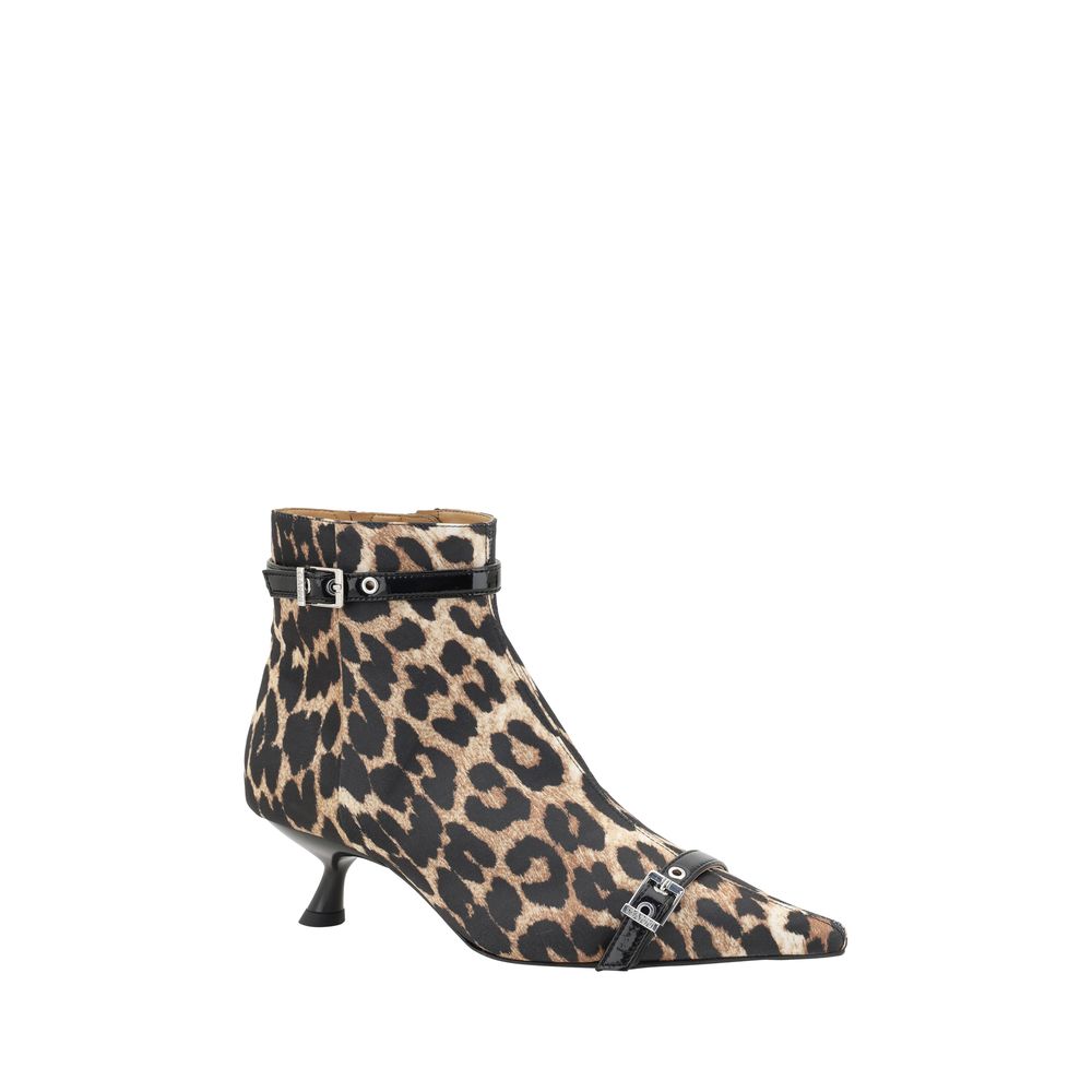 Ganni Eyelets Stiletto Kitten Heel Leopard Print Ankle Boots