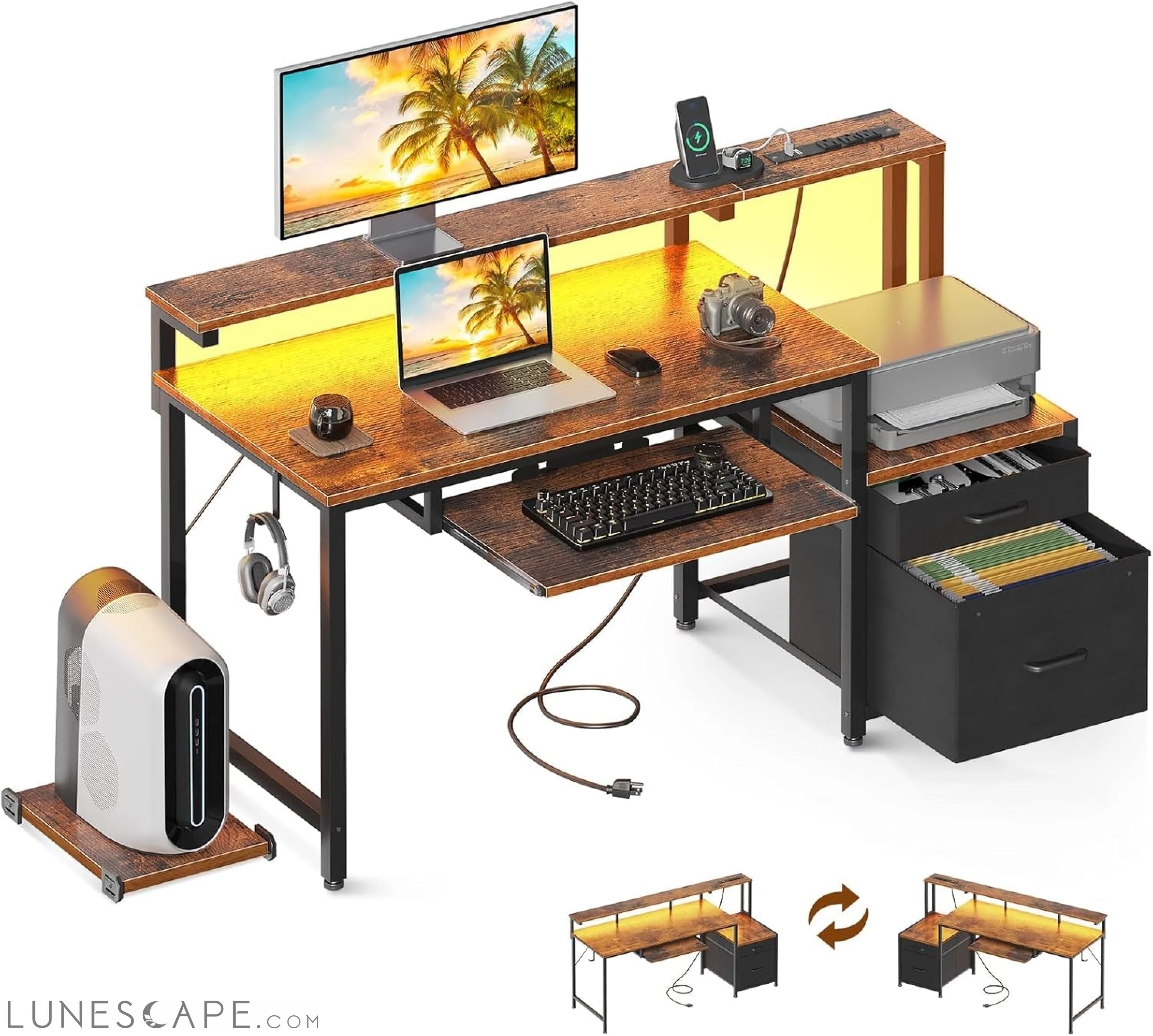 48" Computer Desk with Fabric File Cabinet and Drawer, Reversible LUNESCAPE