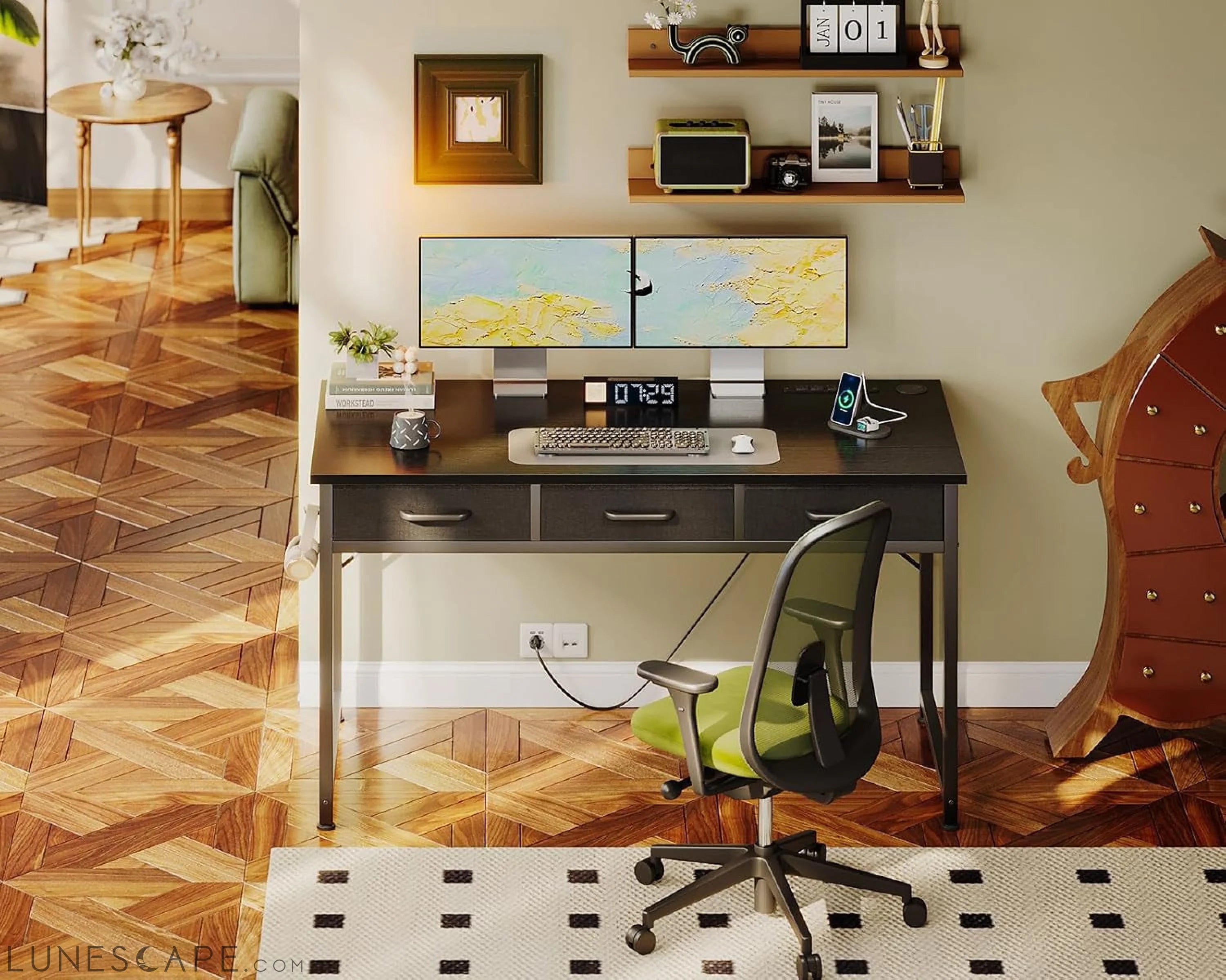 48 Inch Computer Desk with 3 Fabric Drawers, Office Desk with LUNESCAPE