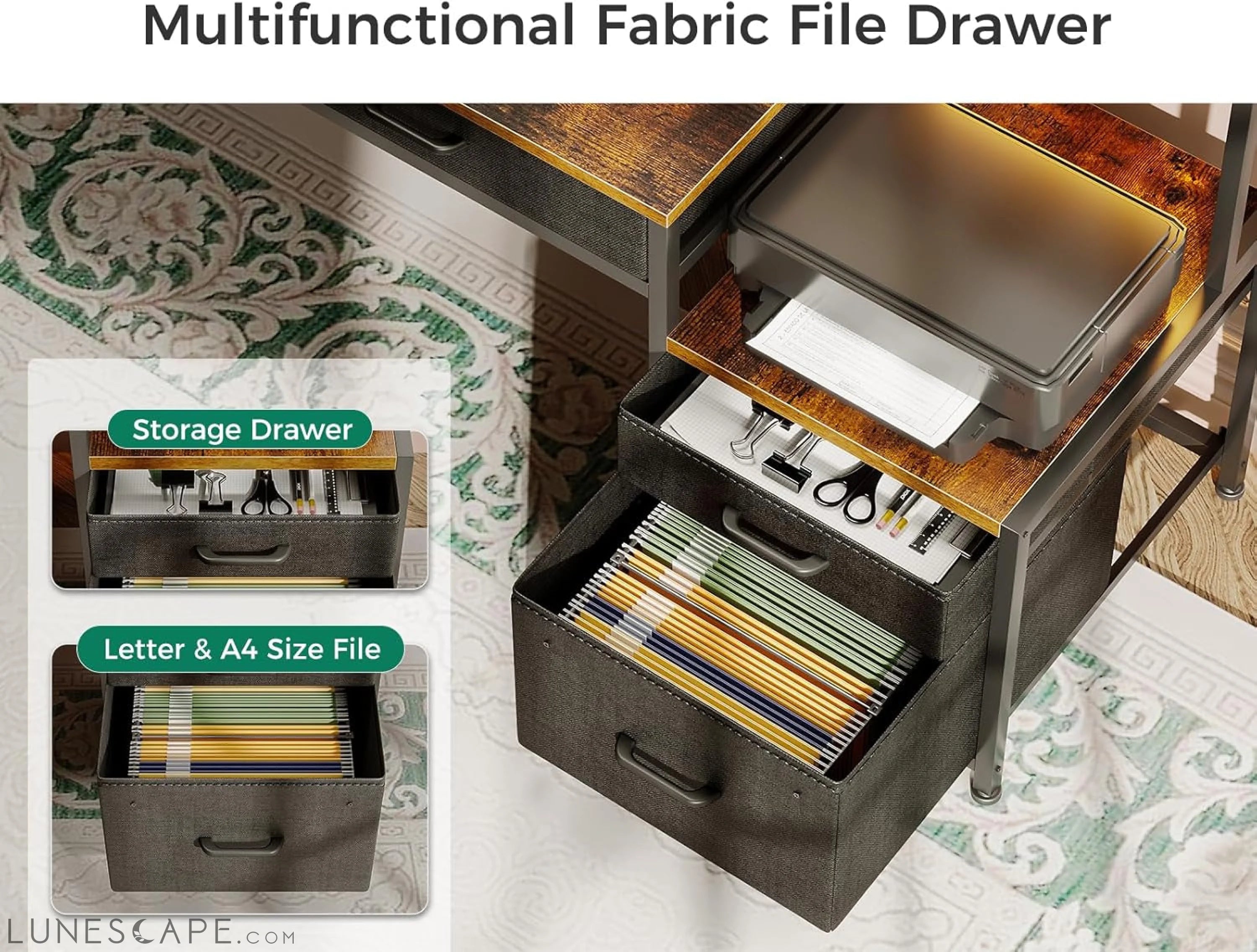 48-Inch Computer Desk with Fabric File Cabinet and Fabric Drawers, LUNESCAPE