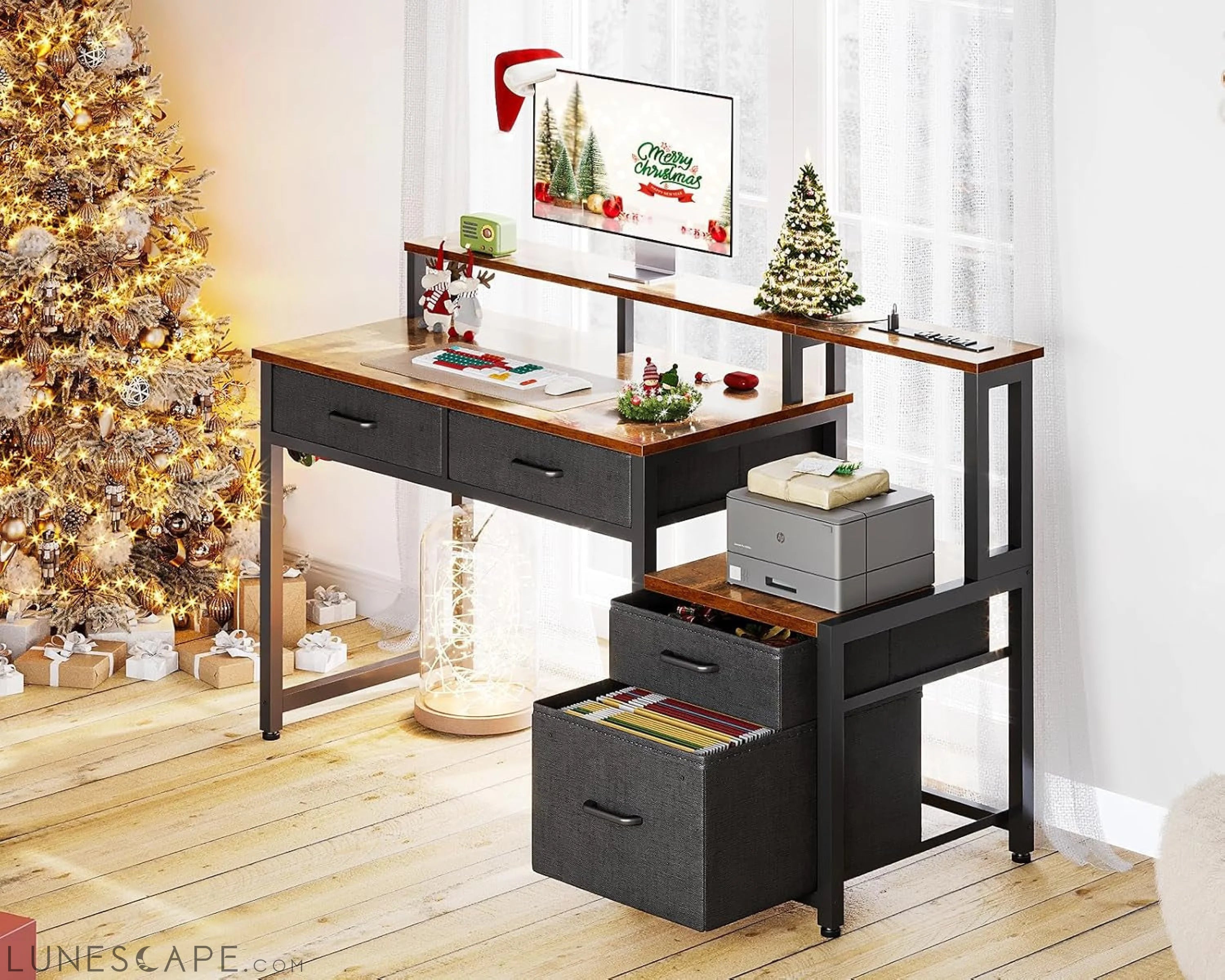 48-Inch Computer Desk with Fabric File Cabinet and Fabric Drawers, LUNESCAPE