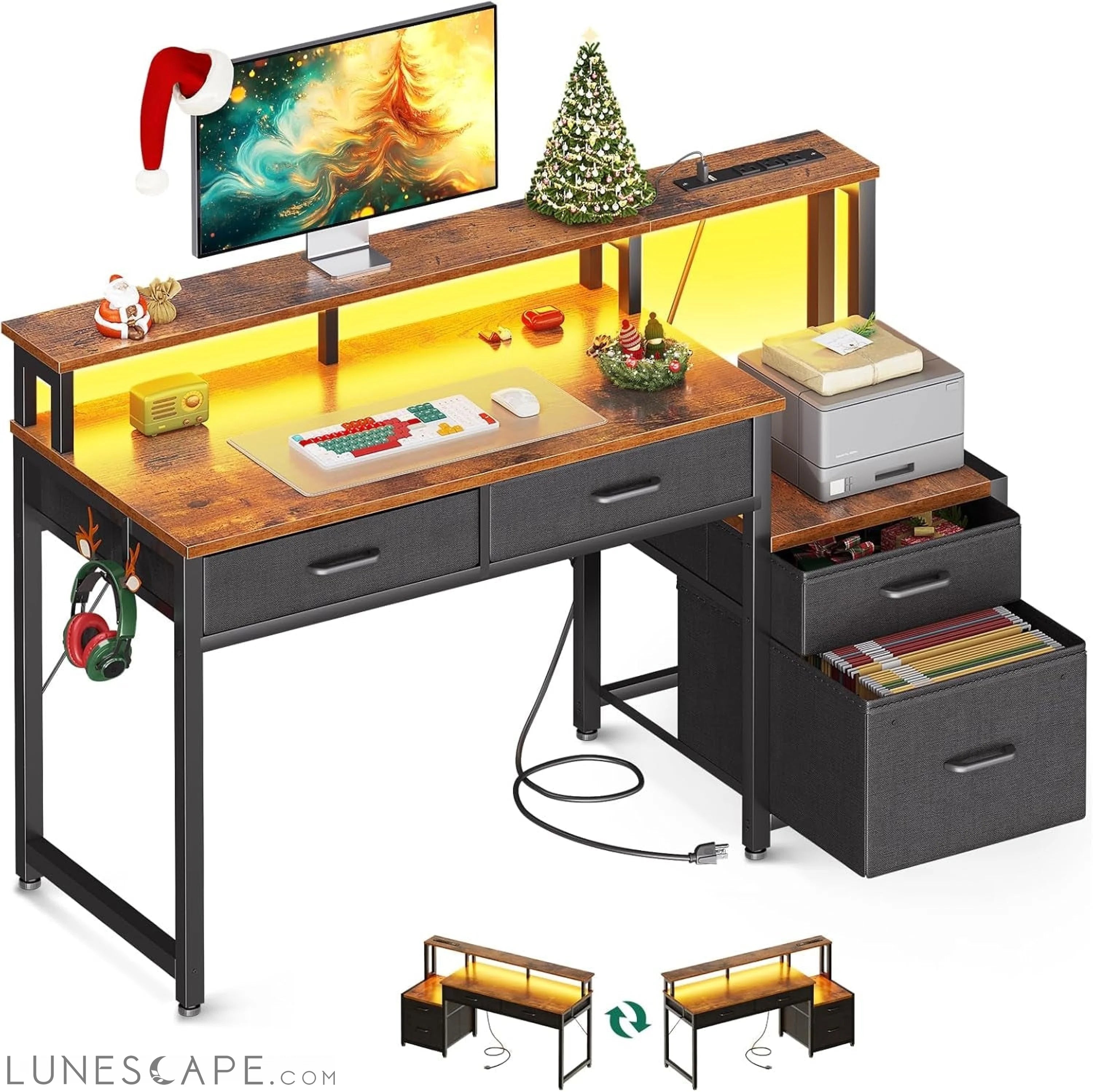 48-Inch Computer Desk with Fabric File Cabinet and Fabric Drawers, LUNESCAPE