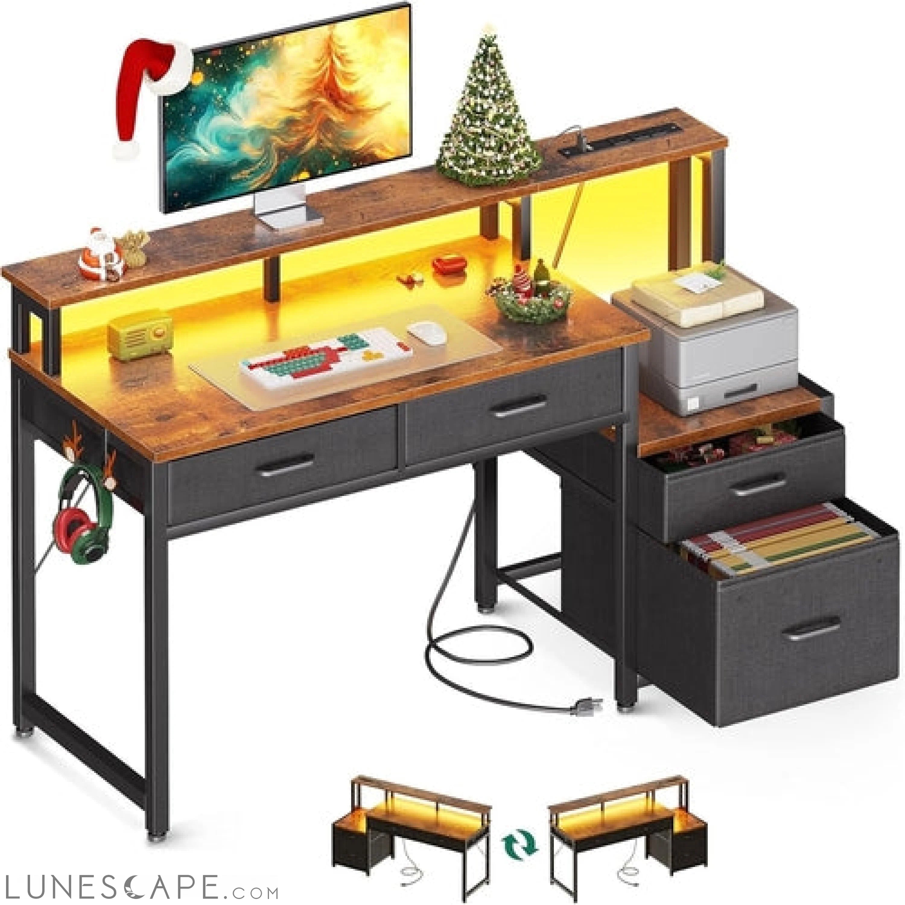 48-Inch Computer Desk with Fabric File Cabinet and Fabric Drawers, LUNESCAPE