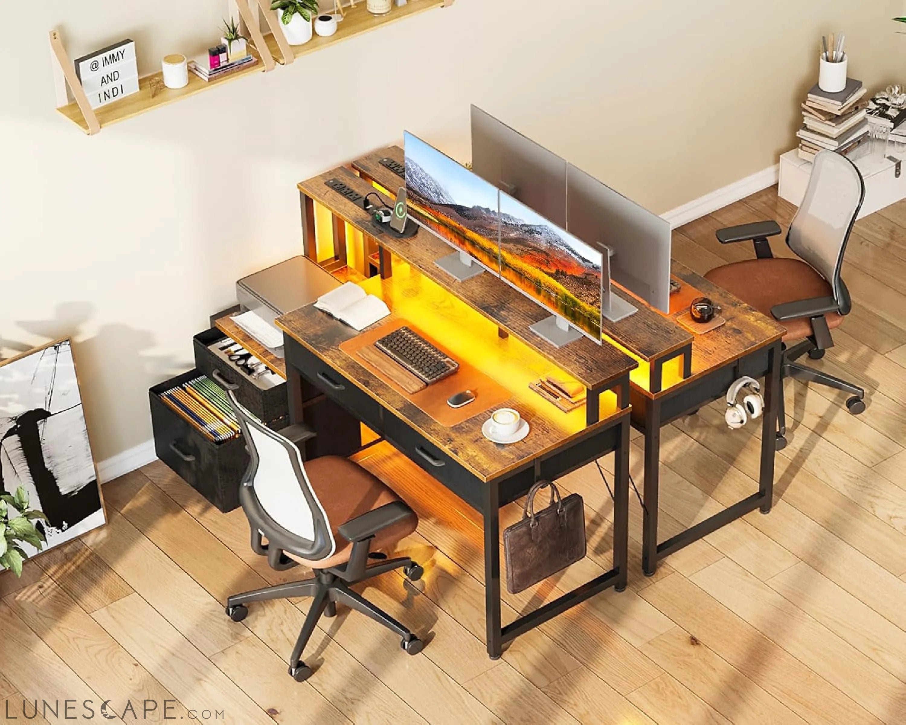 48-Inch Computer Desk with Fabric File Cabinet and Fabric Drawers, LUNESCAPE