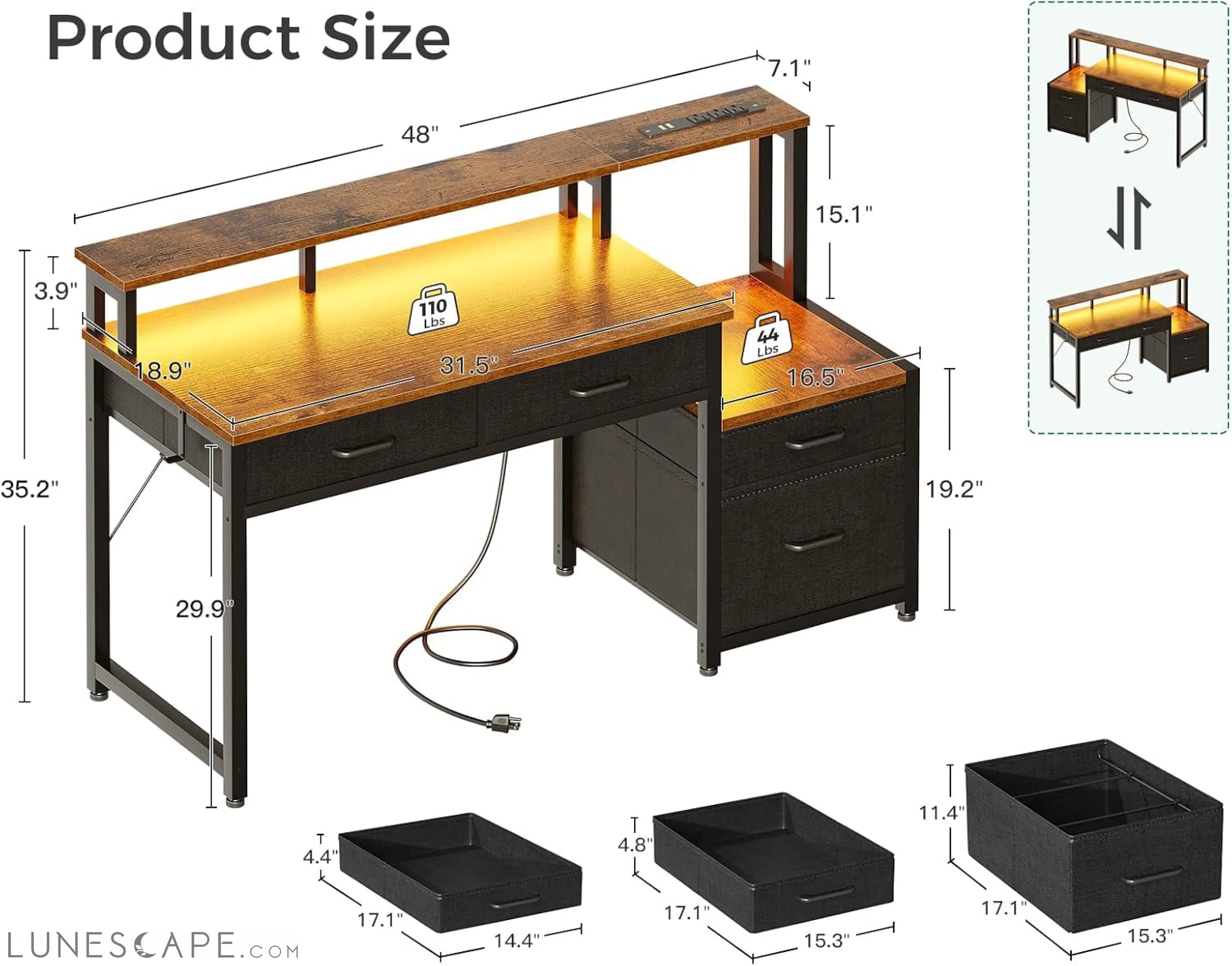48-Inch Computer Desk with Fabric File Cabinet and Fabric Drawers, LUNESCAPE
