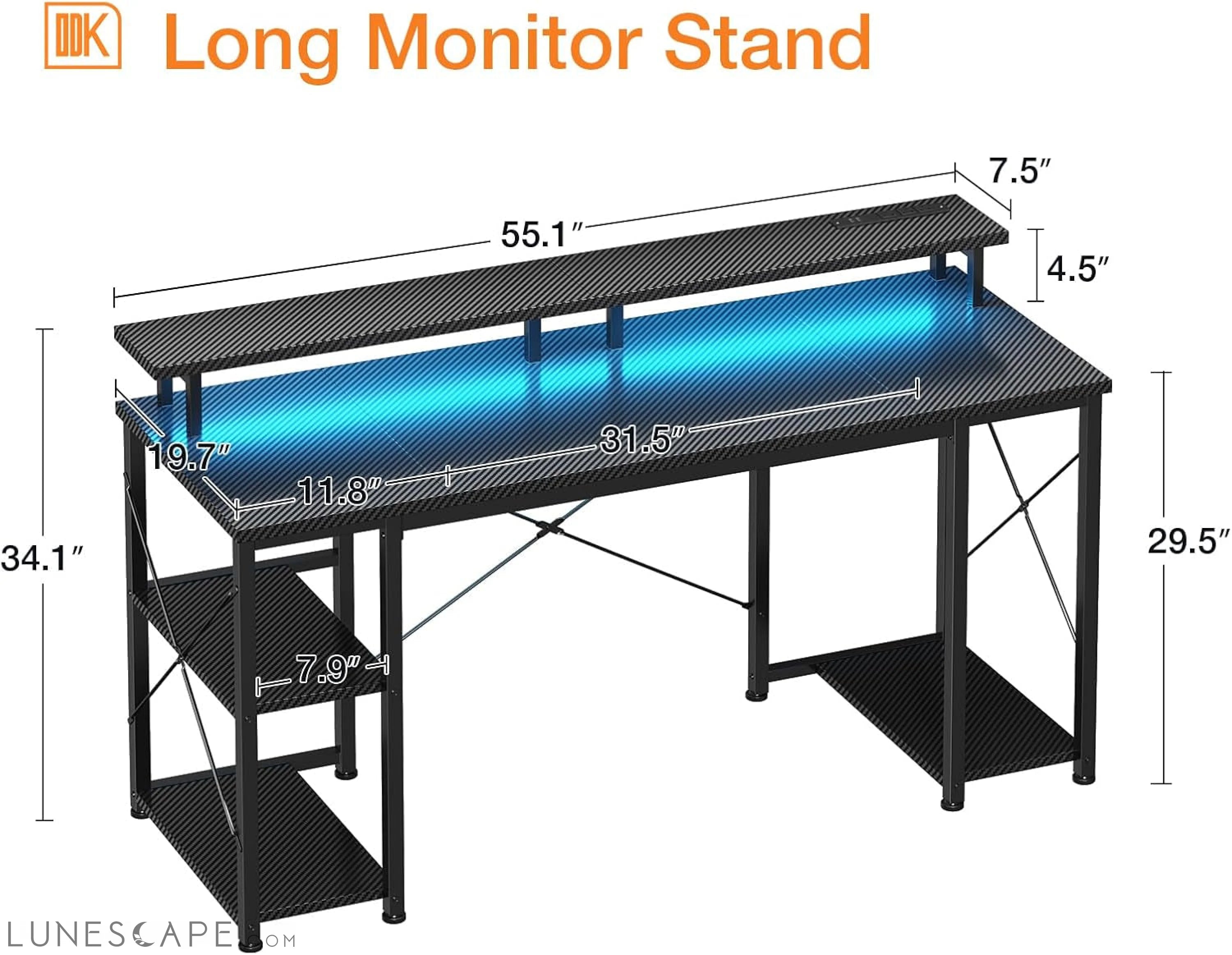 48 Inch Computer Desk with Power Outlets & LED Lights, Gaming Desk LUNESCAPE