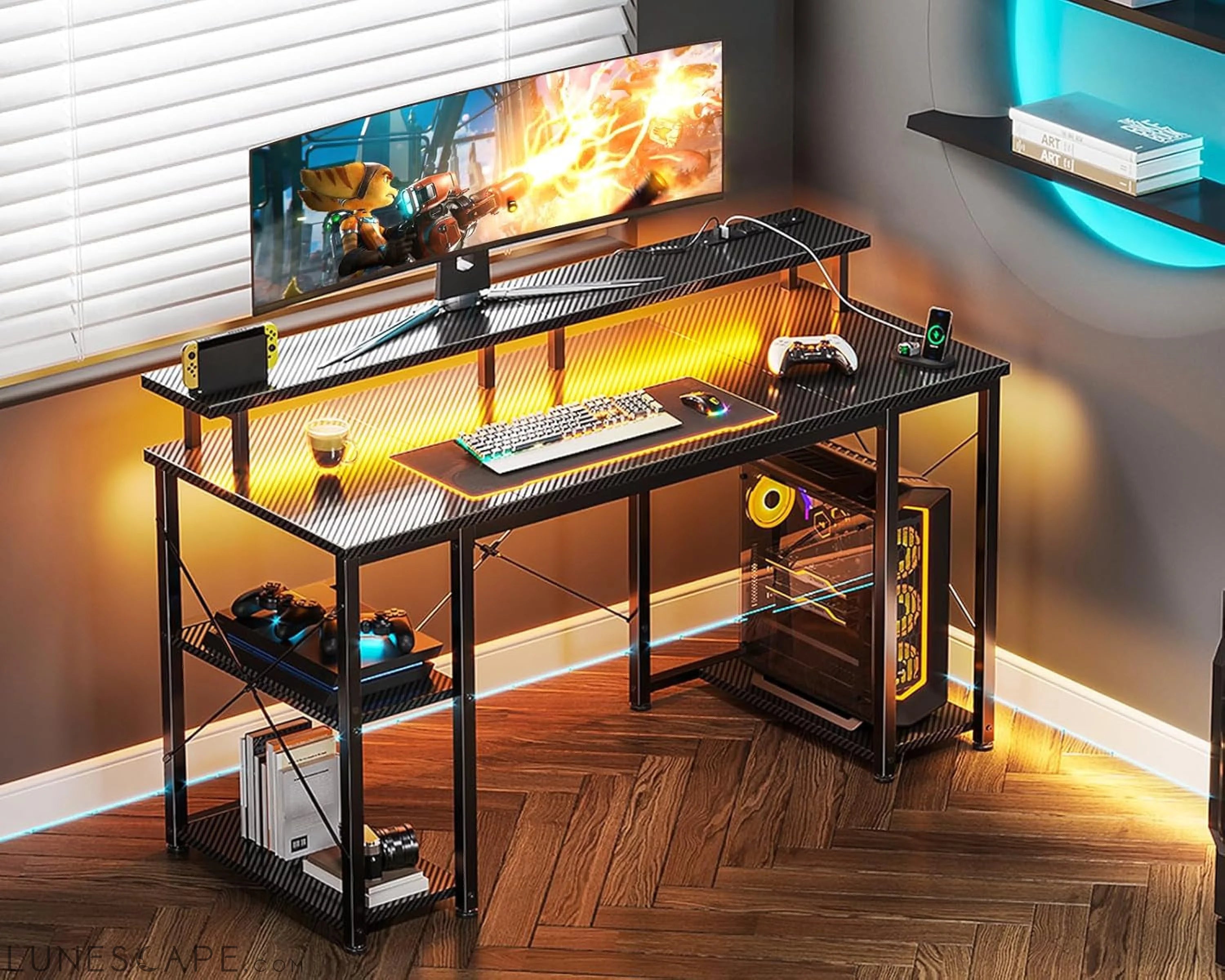 48 Inch Computer Desk with Power Outlets & LED Lights, Gaming Desk LUNESCAPE