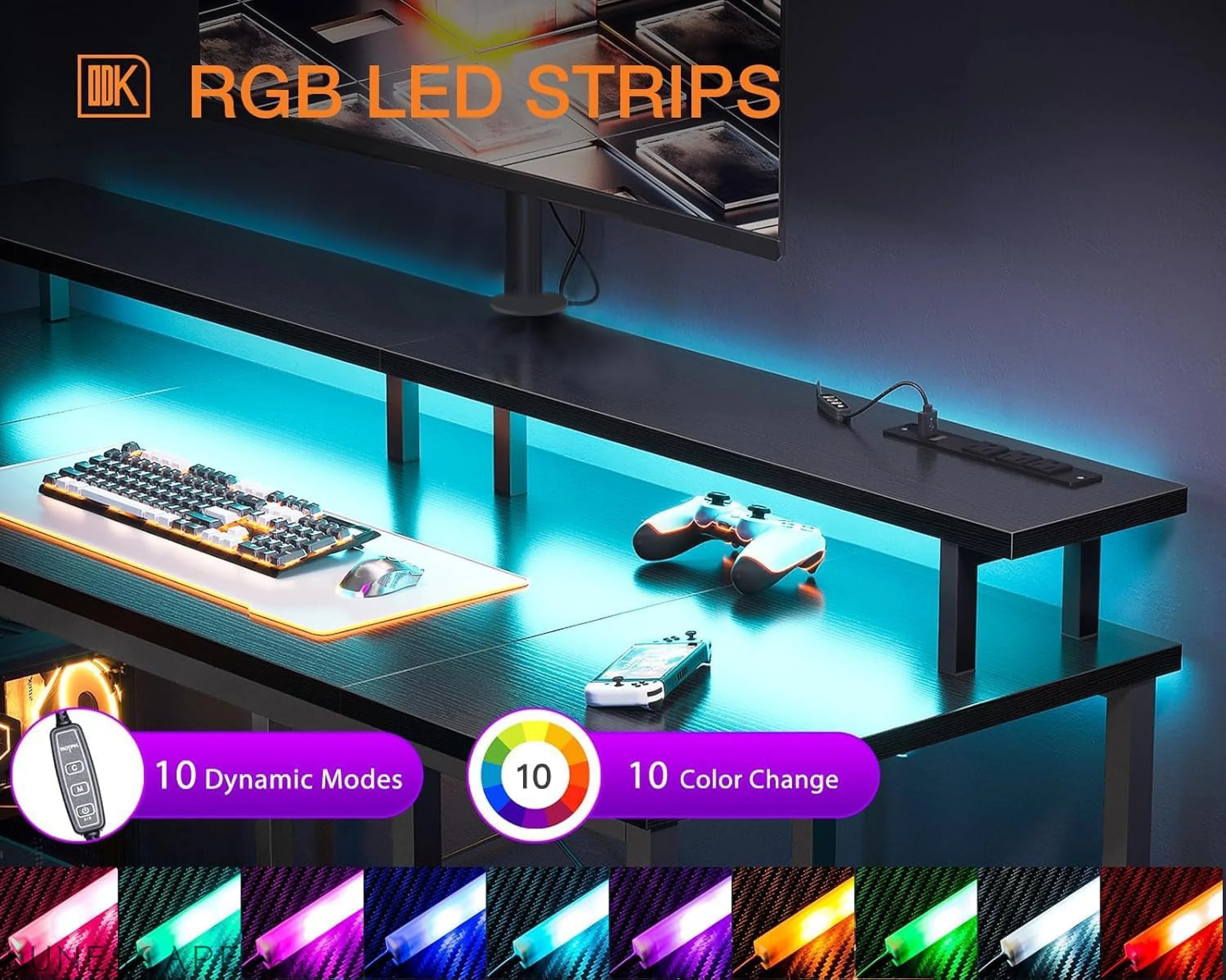 48 Inch Gaming Desk with LED Lights & Power Outlets, Computer Desk LUNESCAPE