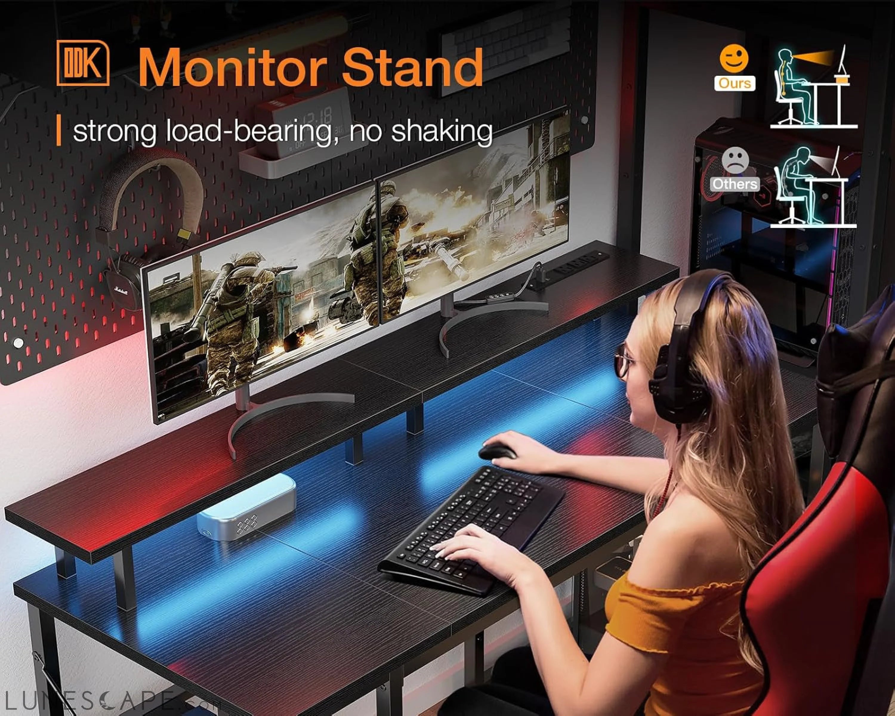 48 Inch Gaming Desk with LED Lights & Power Outlets, Computer Desk LUNESCAPE