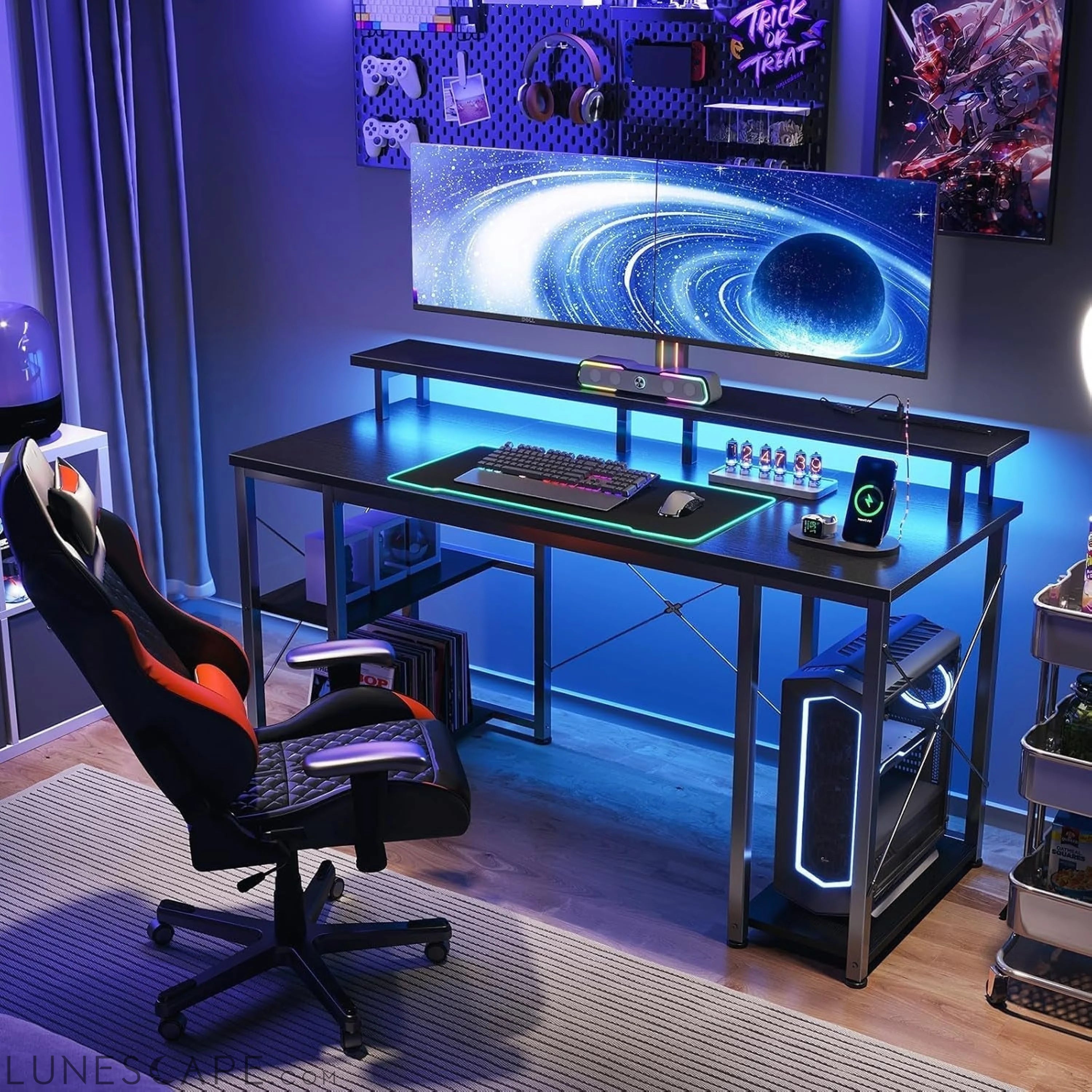 48 Inch Gaming Desk with LED Lights & Power Outlets, Computer Desk LUNESCAPE