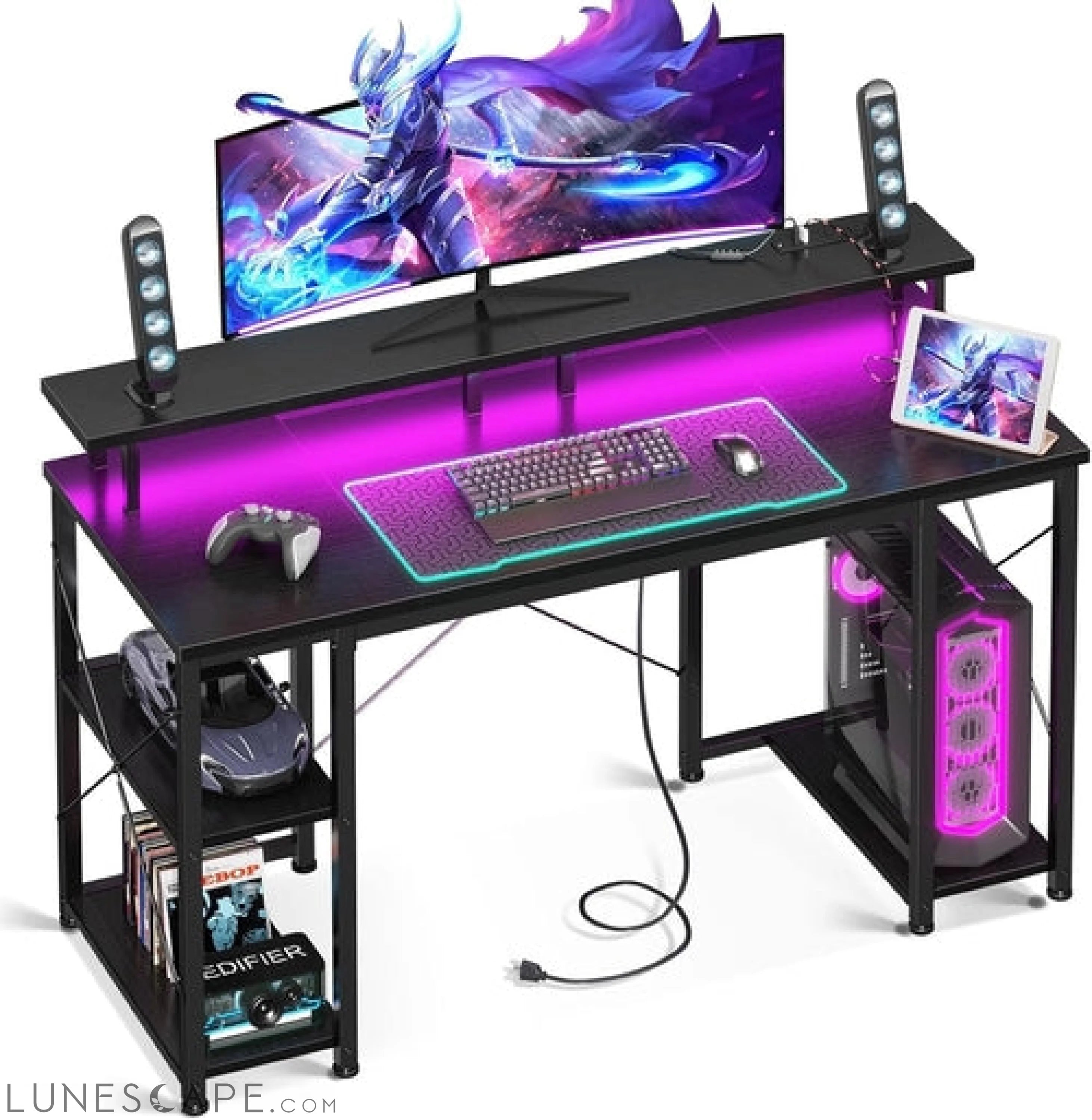 48 Inch Gaming Desk with LED Lights & Power Outlets, Computer Desk LUNESCAPE