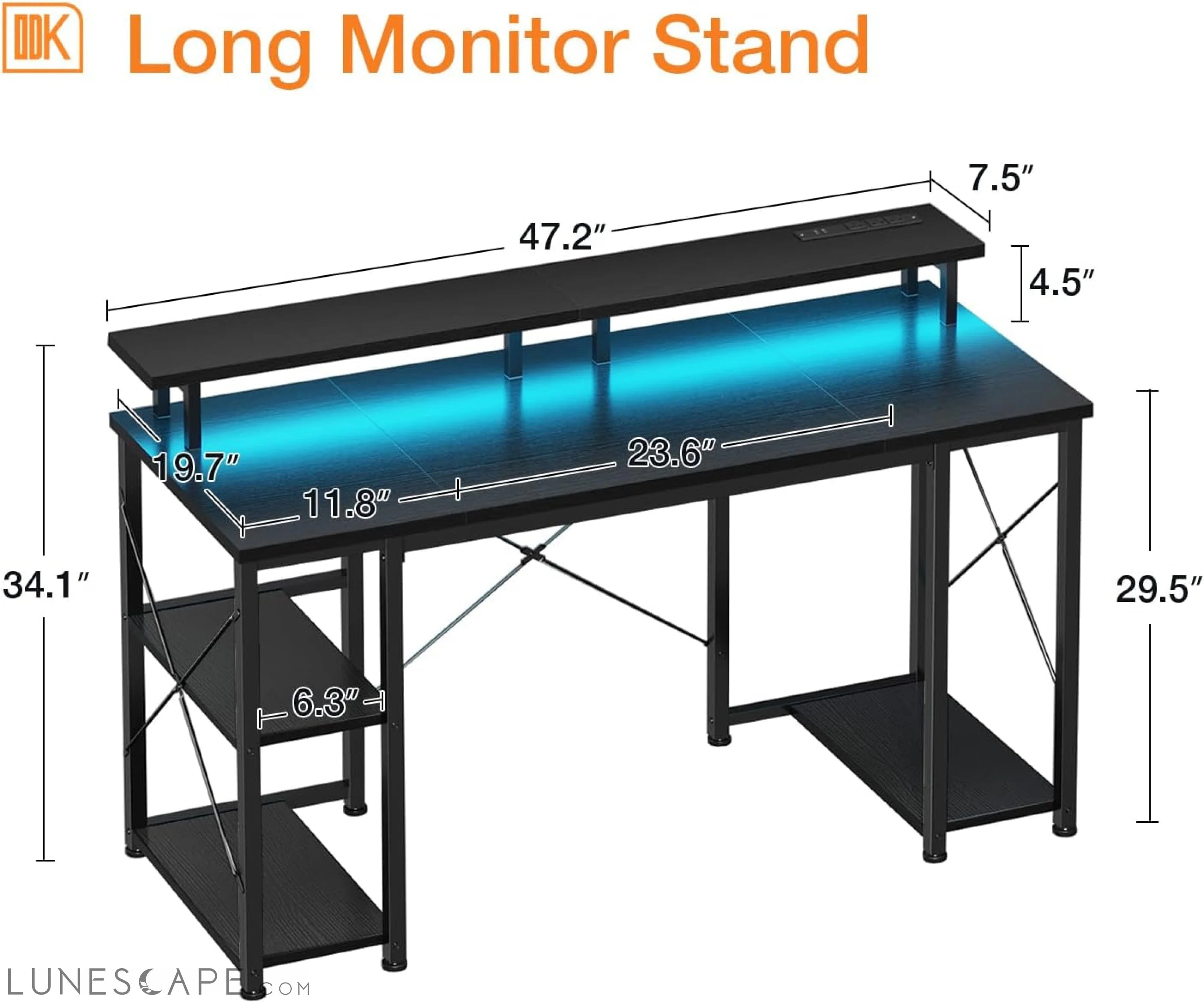 48 Inch Gaming Desk with LED Lights & Power Outlets, Computer Desk LUNESCAPE