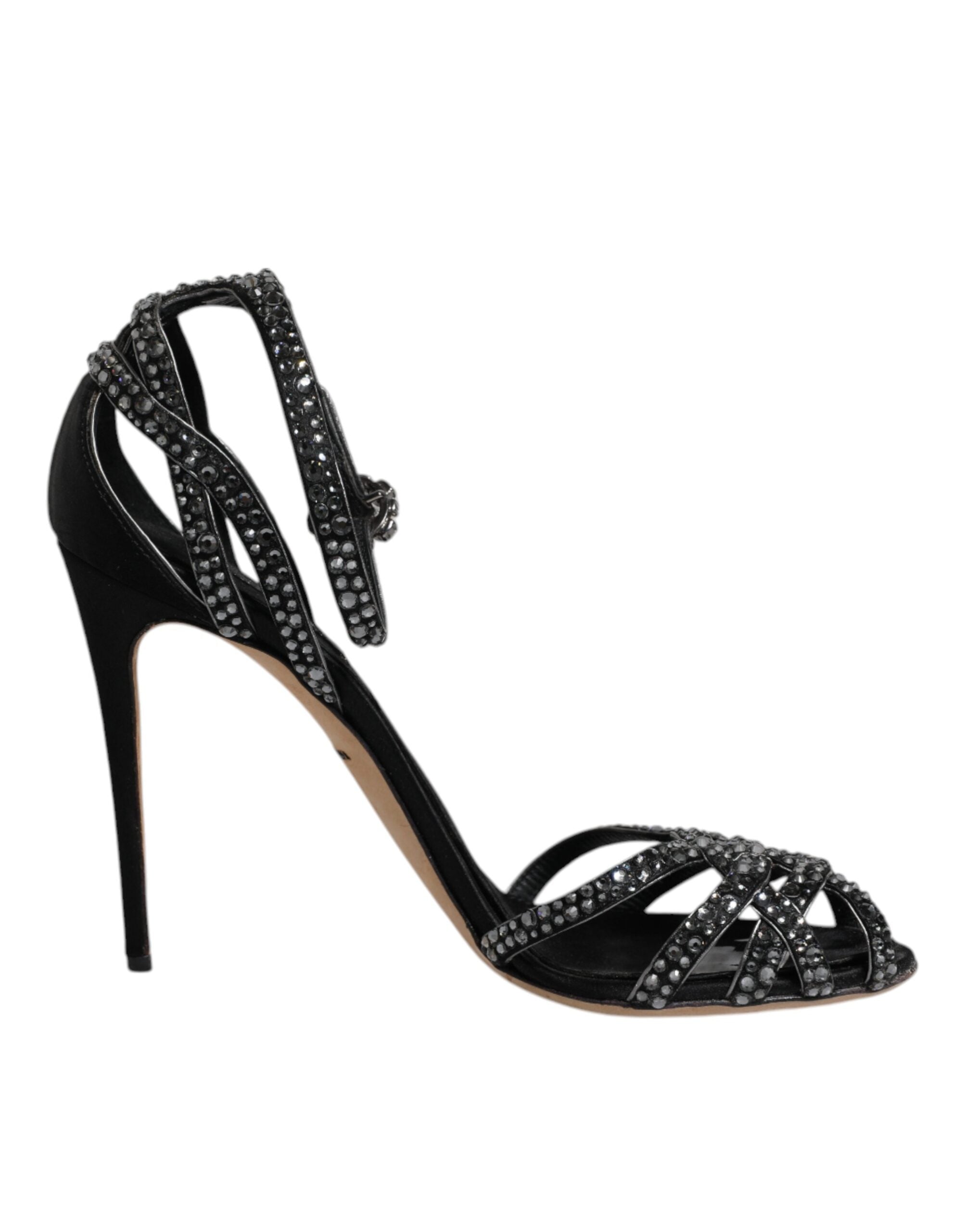 Dolce & Gabbana Black Strass Ankle Strap Heels Sandals Shoes LUNESCAPE