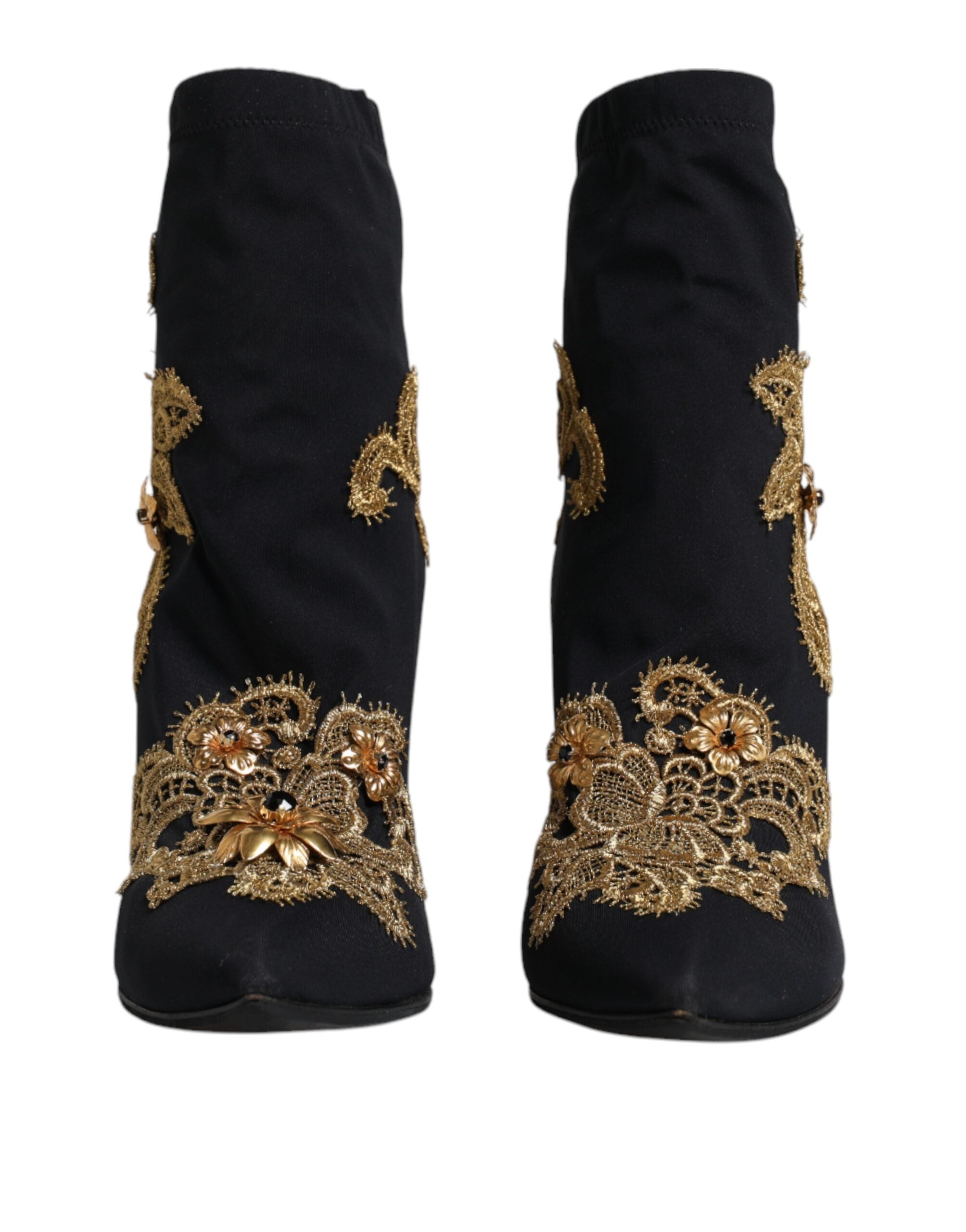Dolce & Gabbana Black Gold Embroidery Slip On Boots Shoes LUNESCAPE