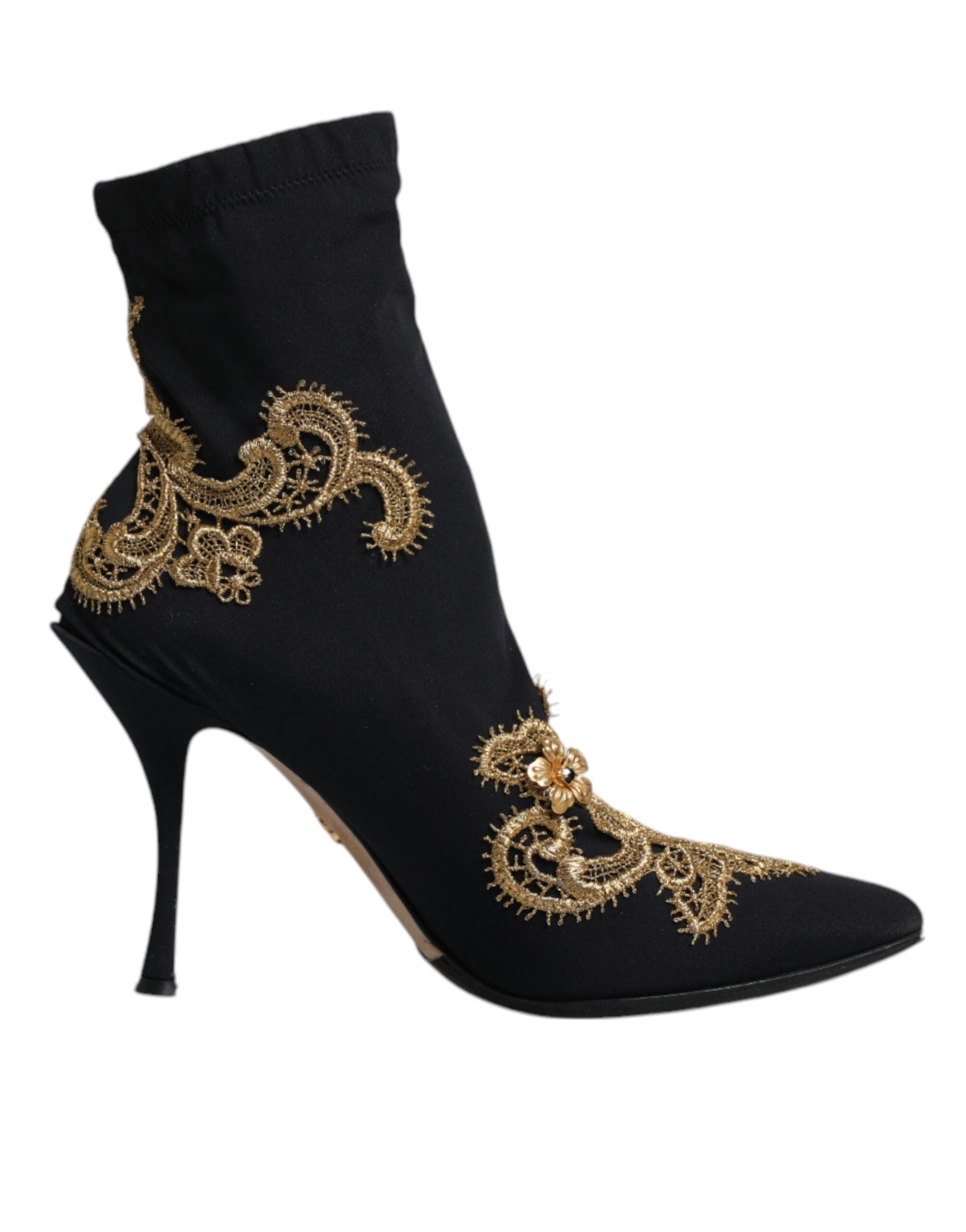 Dolce & Gabbana Black Gold Embroidery Slip On Boots Shoes LUNESCAPE