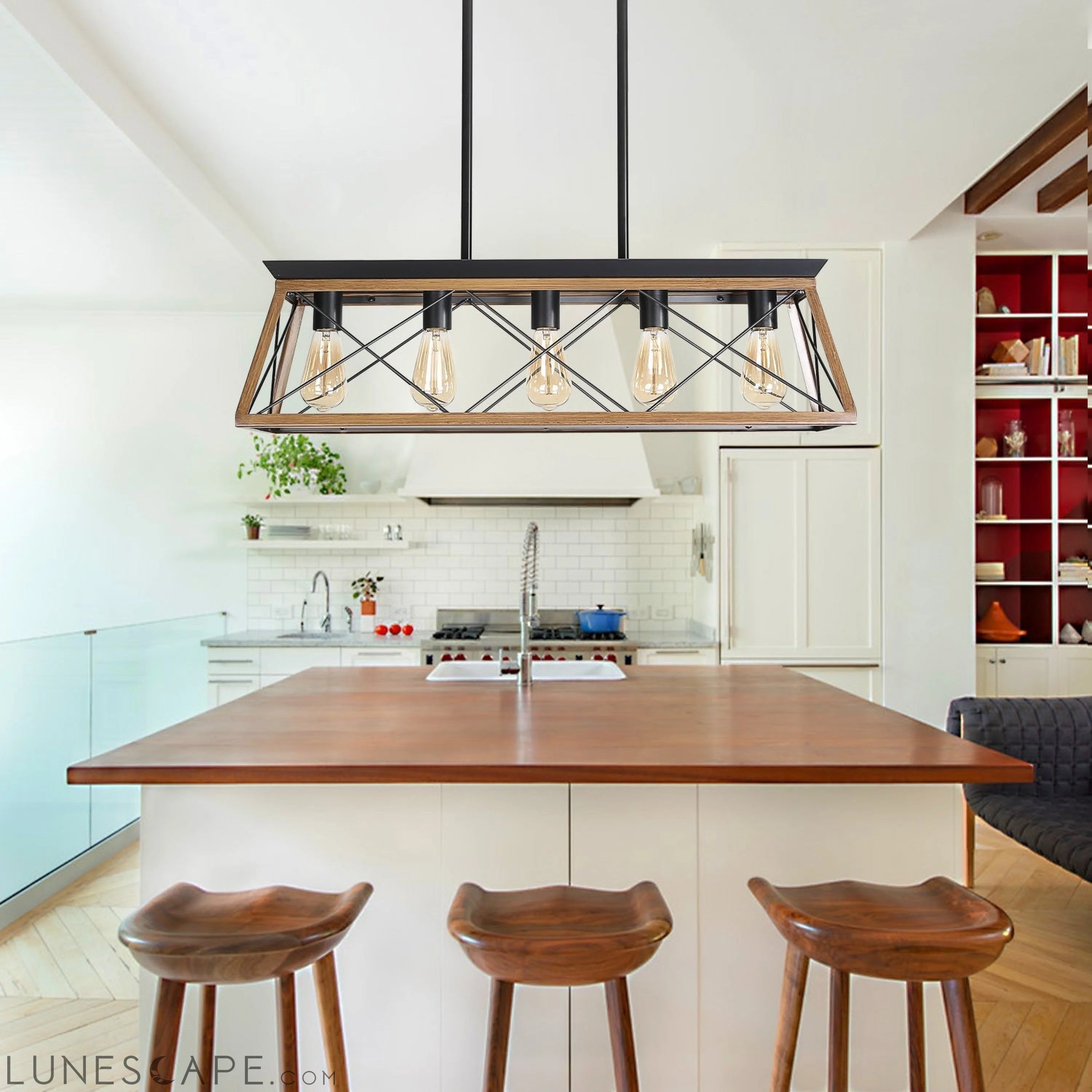 5-Light Walnut Farmhouse Chandeliers For Dining Room LUNESCAPE
