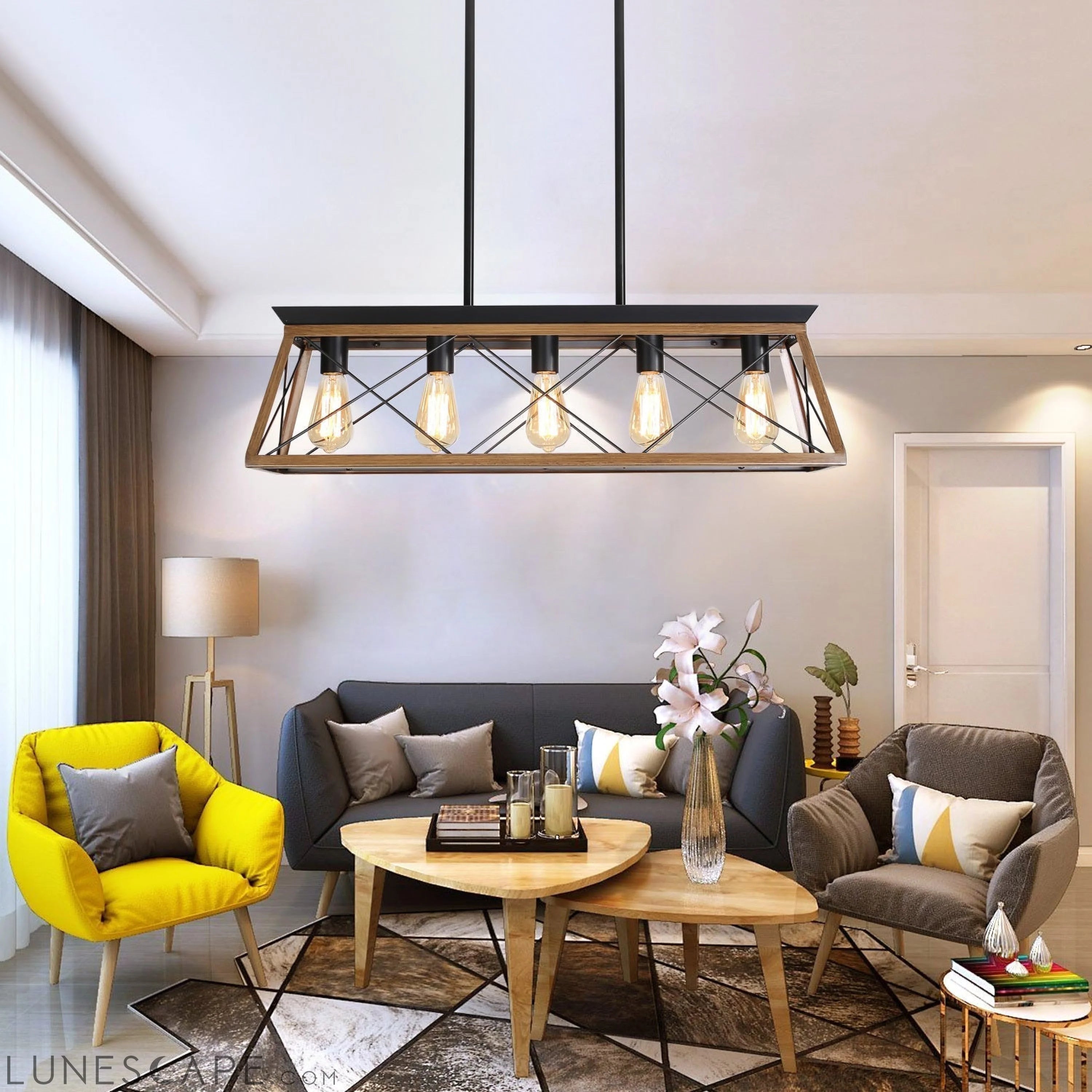 5-Light Walnut Farmhouse Chandeliers For Dining Room LUNESCAPE