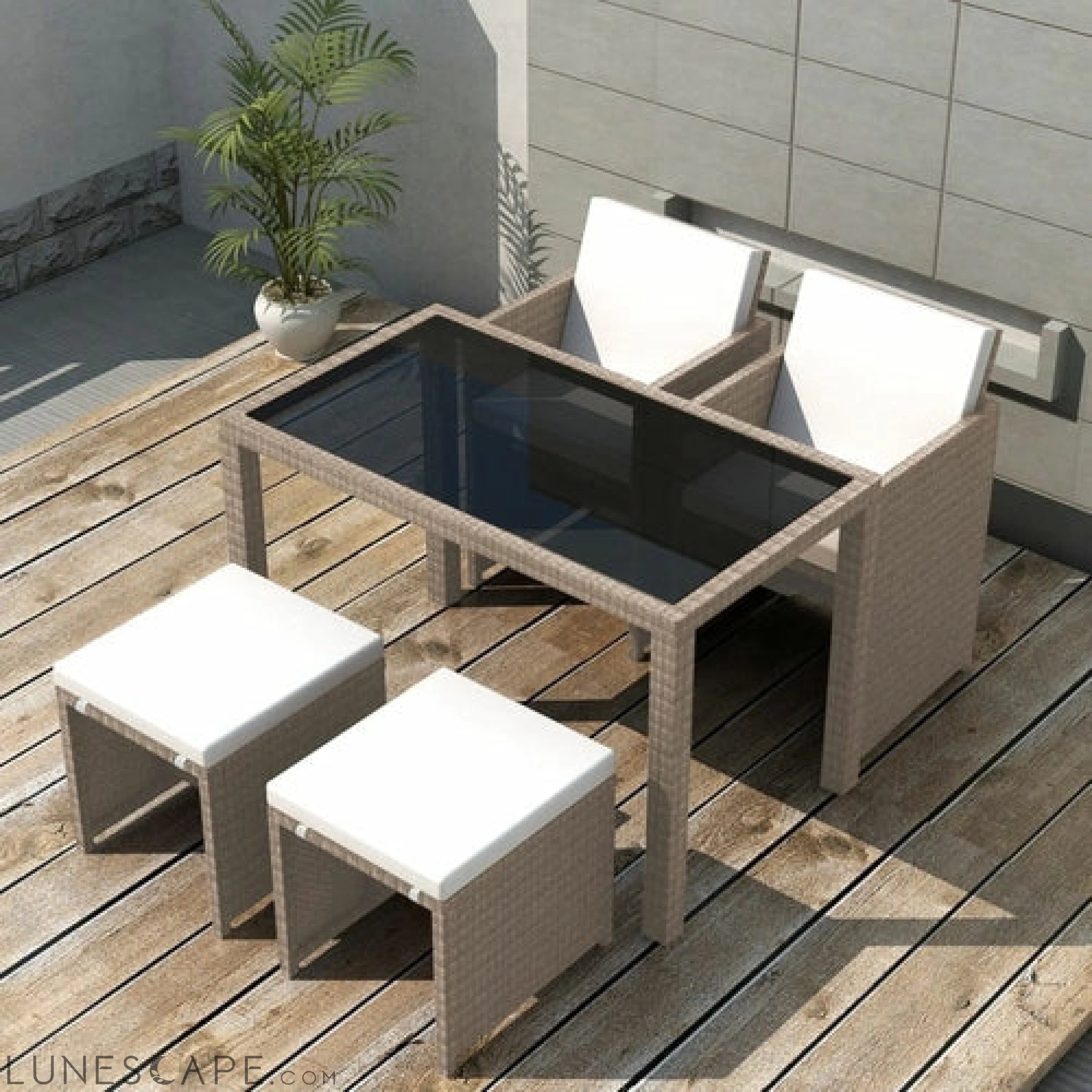 5 Piece Outdoor Dining Set with Cushions Poly Rattan Beige LUNESCAPE