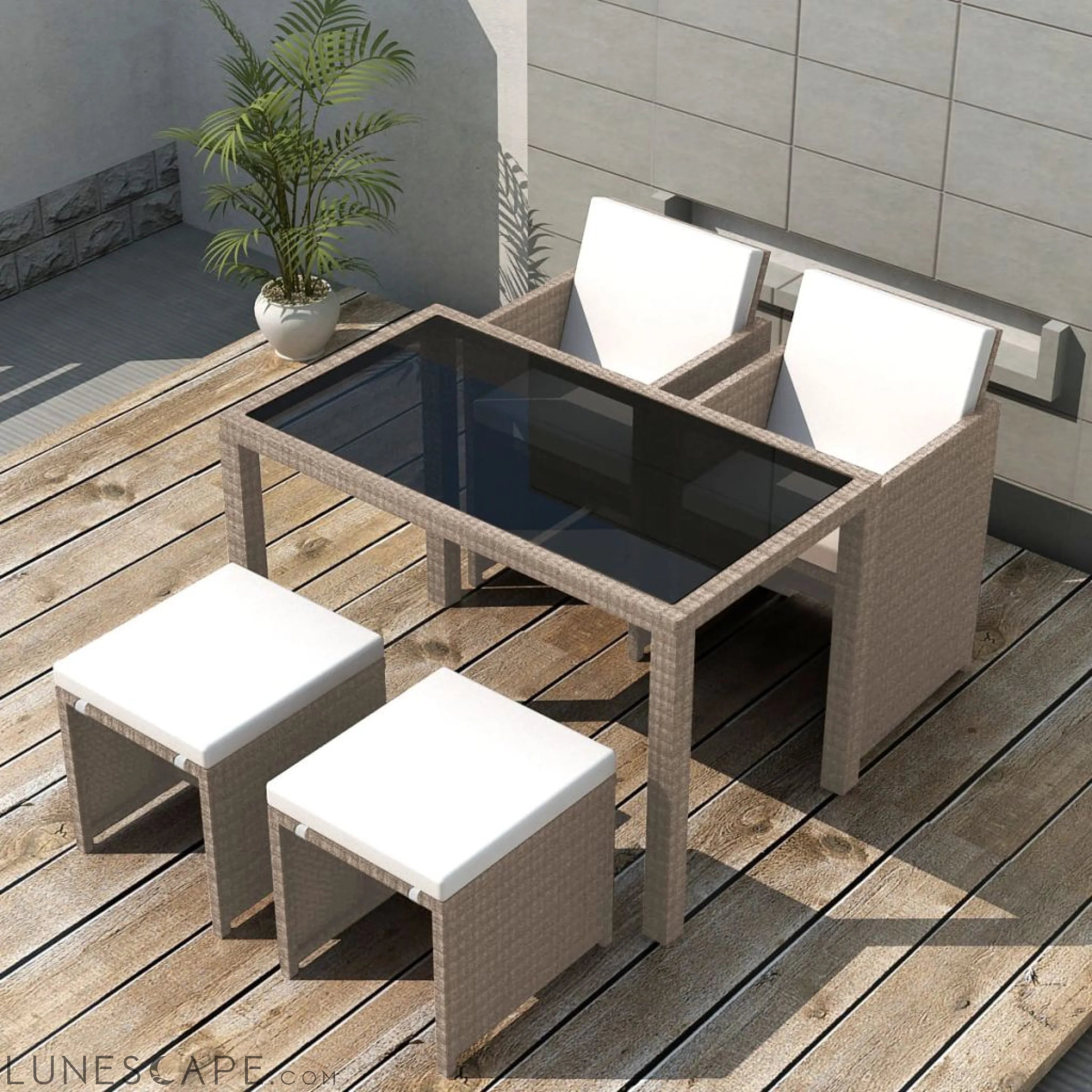 5 Piece Outdoor Dining Set with Cushions Poly Rattan Beige LUNESCAPE