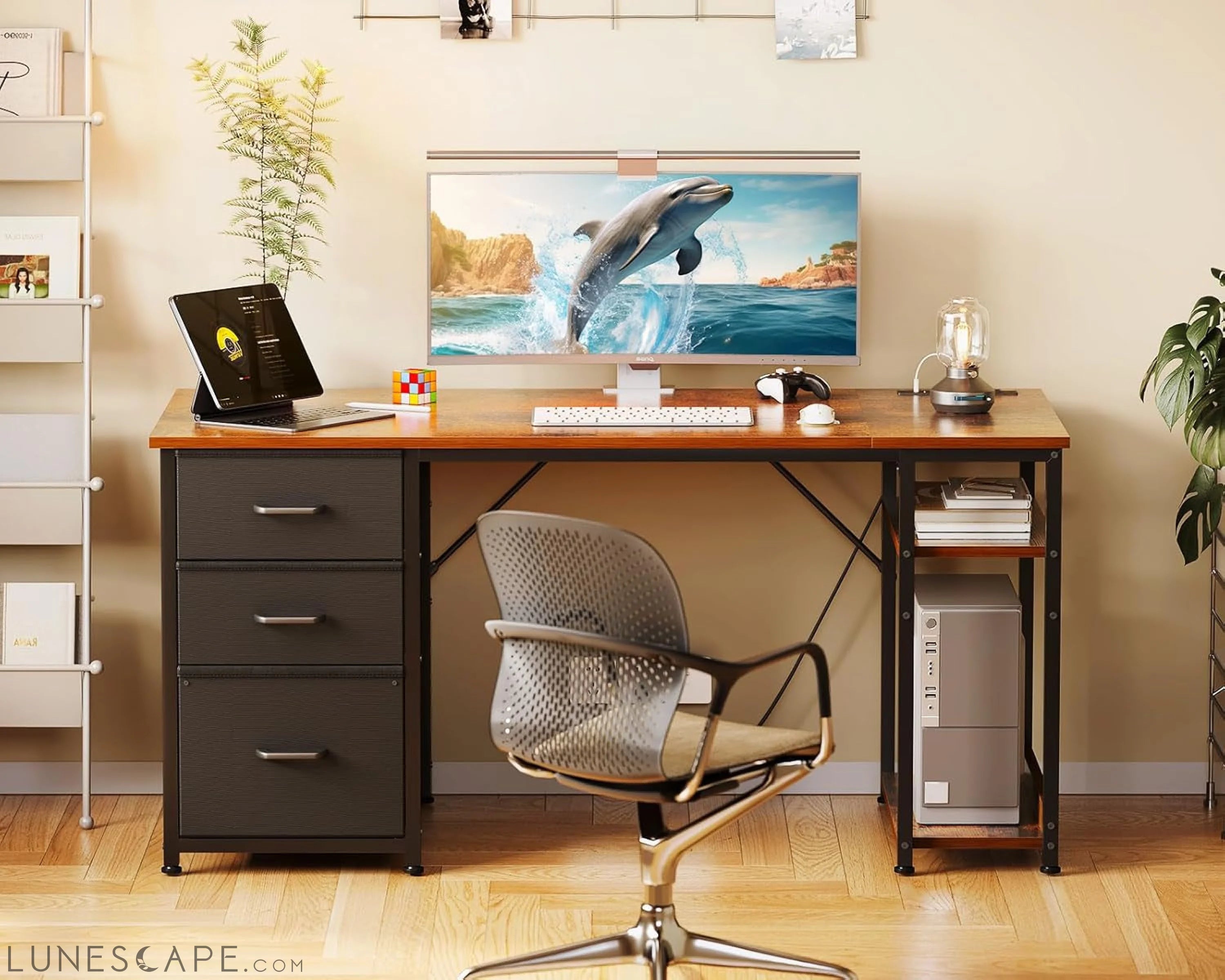 51 Inch Computer Desk with Fabric Drawers & USB Power Outlets, LUNESCAPE