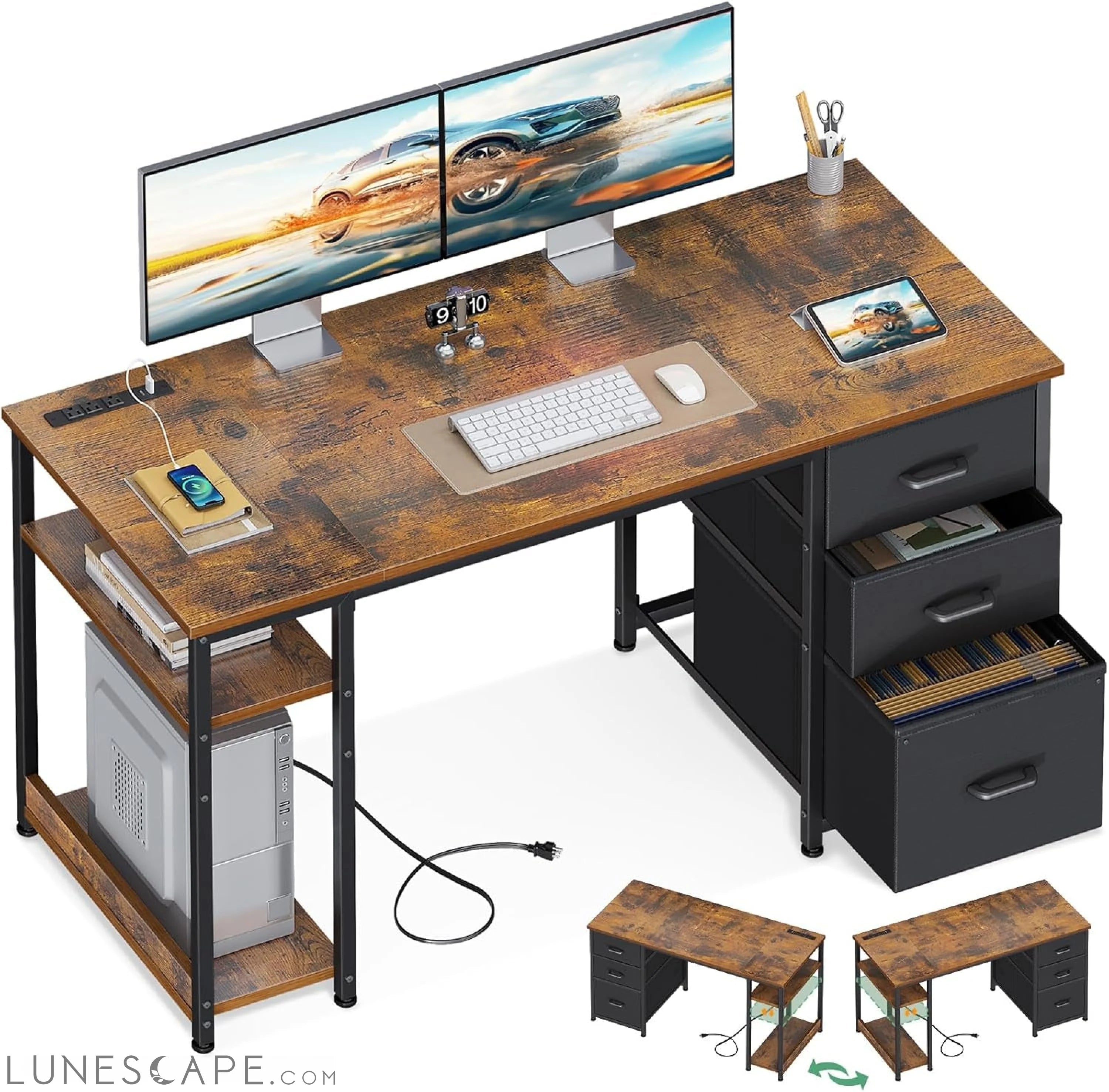 51 Inch Computer Desk with Fabric Drawers & USB Power Outlets, LUNESCAPE