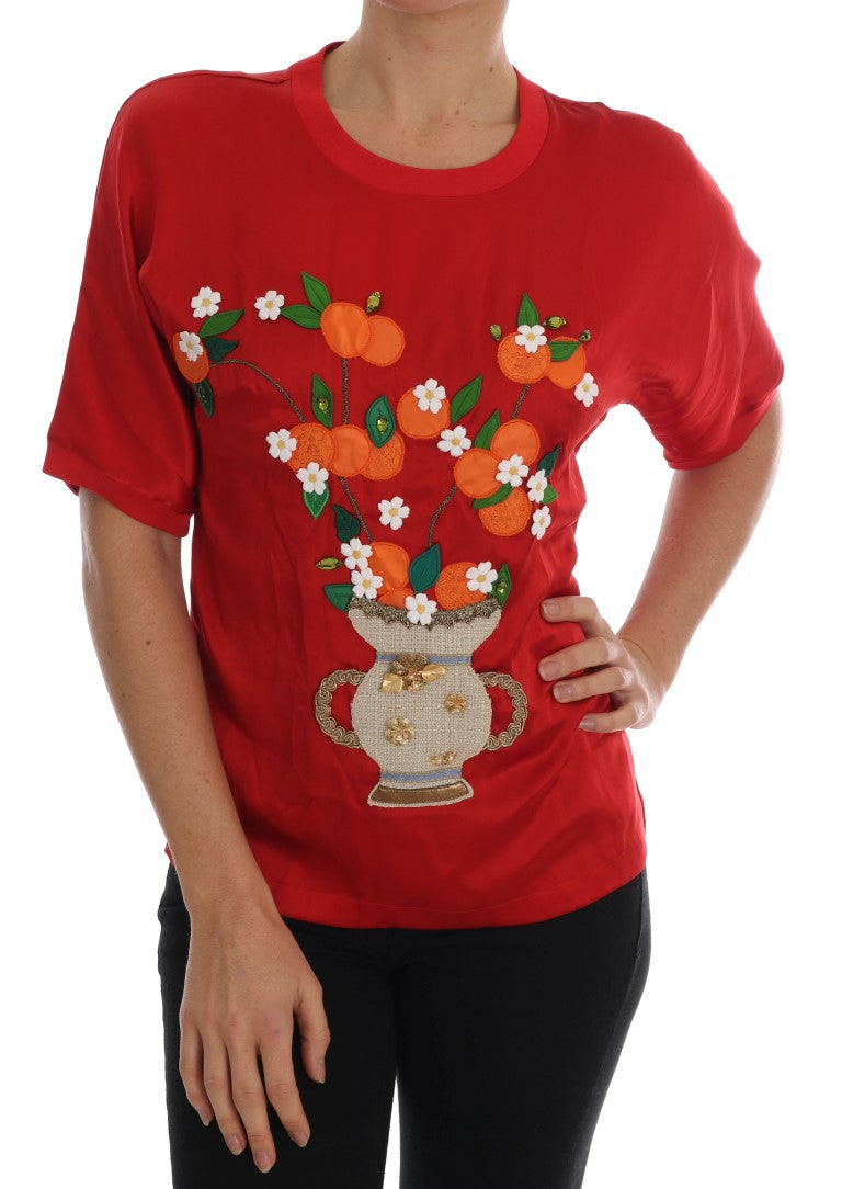 Dolce & Gabbana Red Silk Floral Embroidered Elegance Top LUNESCAPE