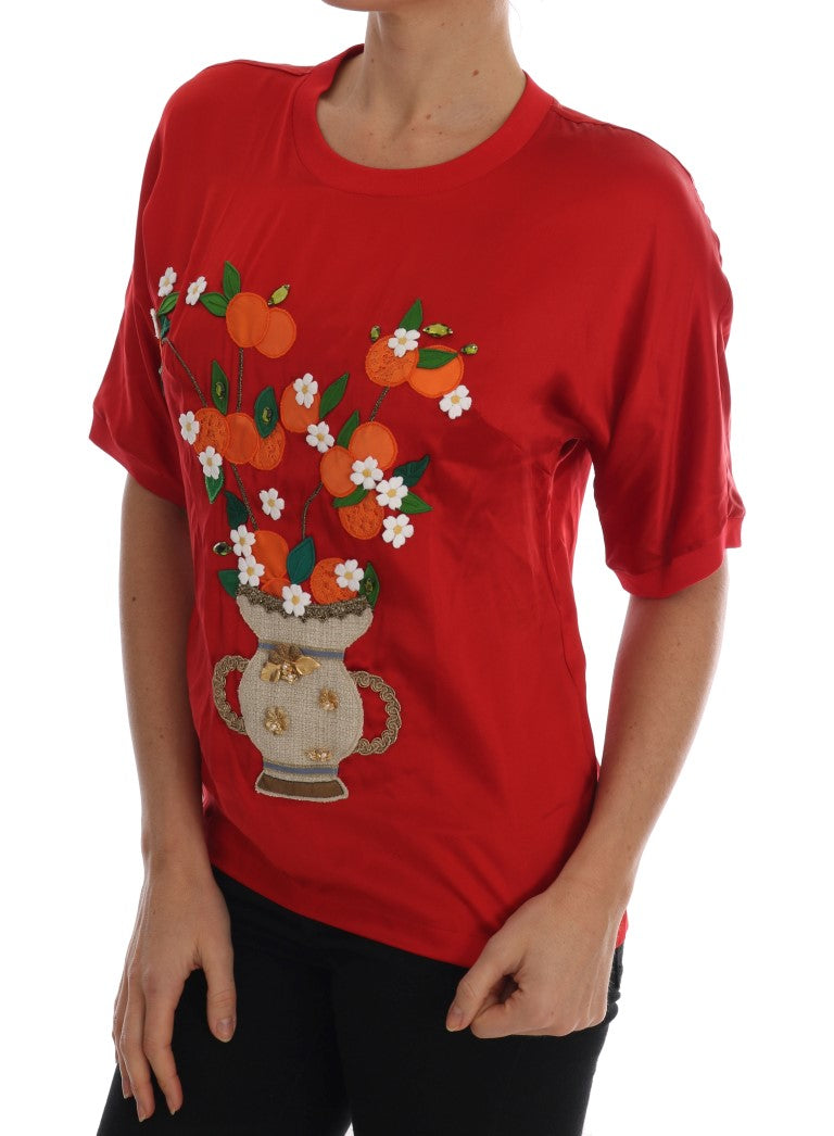 Dolce & Gabbana Red Silk Floral Embroidered Elegance Top LUNESCAPE