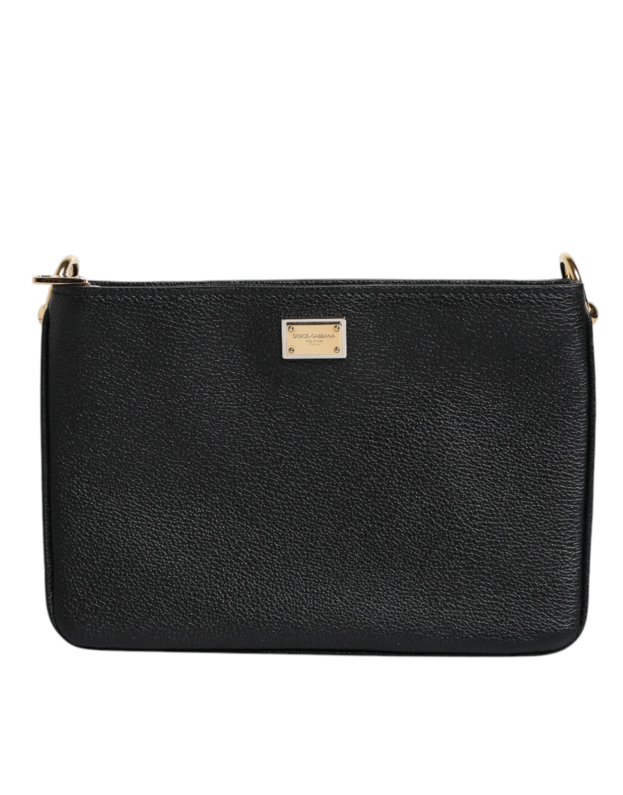 Dolce & Gabbana Black Grain Leather Logo Plaque Clutch Bag LUNESCAPE