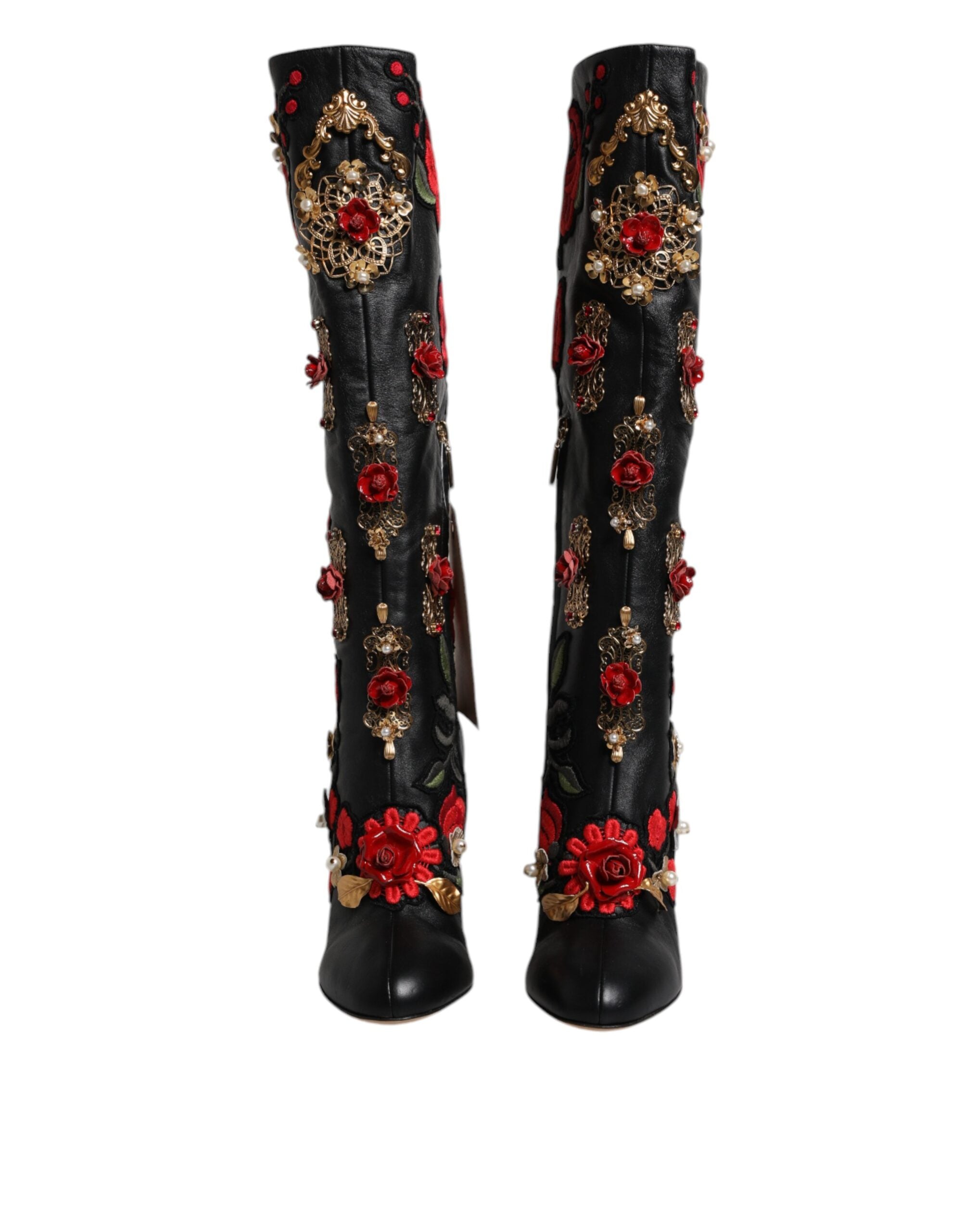 Dolce & Gabbana Black Roses Embellished Leather Heel Boots Shoes LUNESCAPE