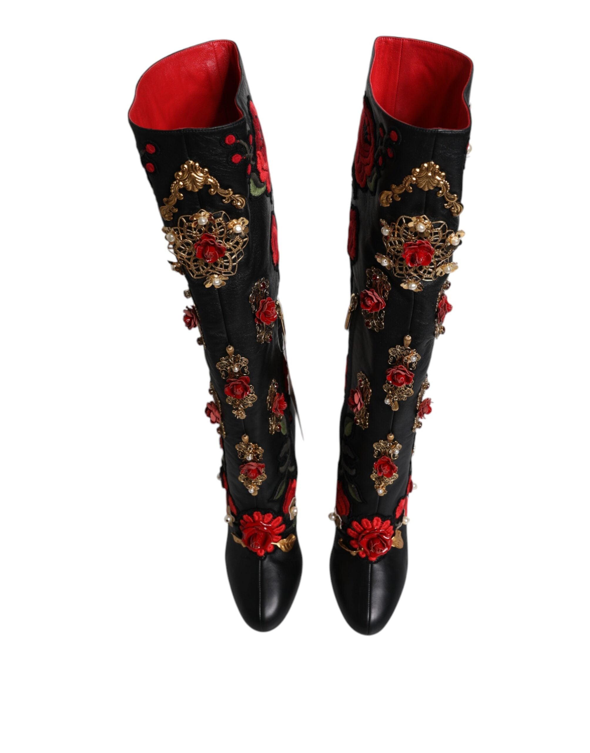 Dolce & Gabbana Black Roses Embellished Leather Heel Boots Shoes LUNESCAPE