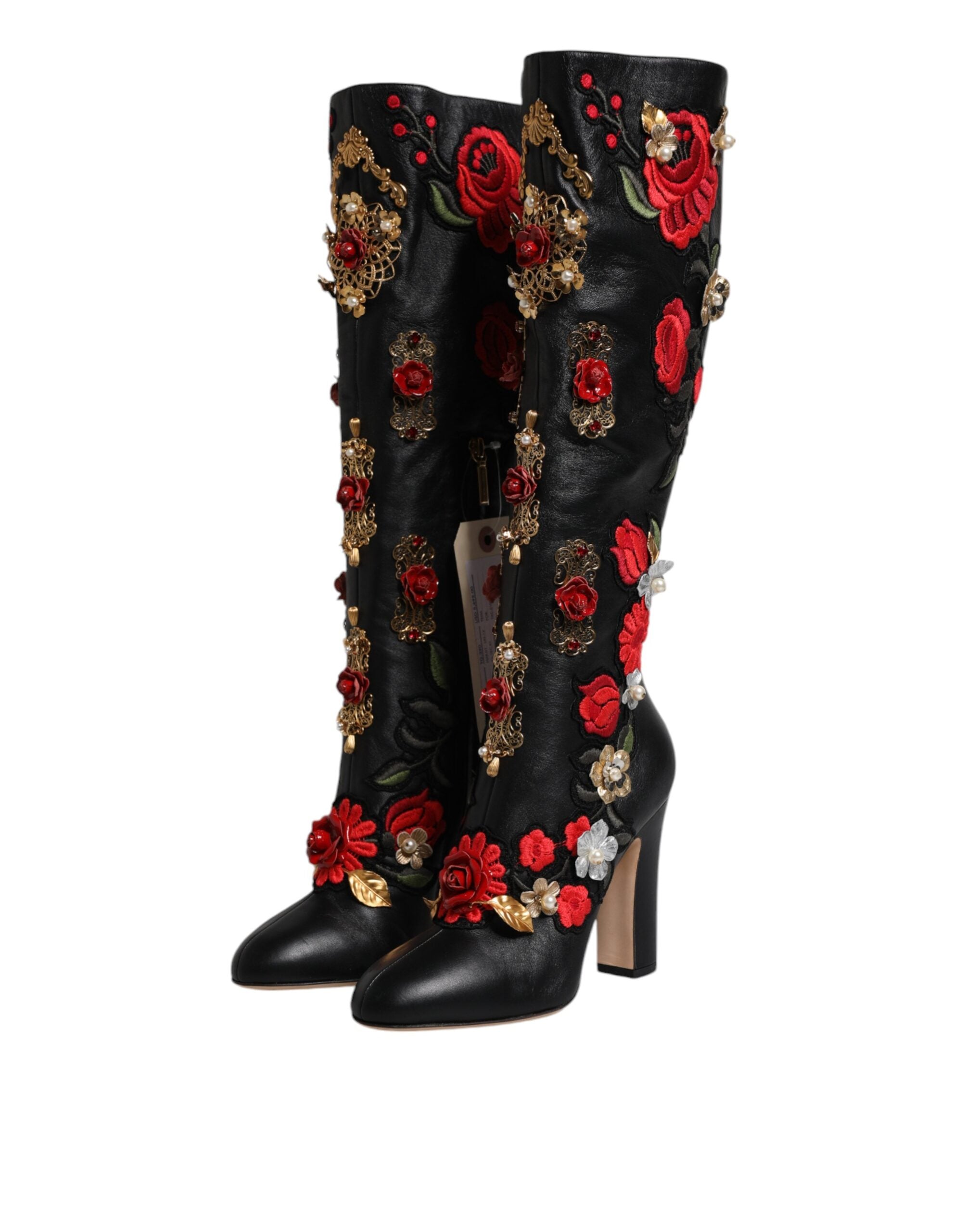 Dolce & Gabbana Black Roses Embellished Leather Heel Boots Shoes LUNESCAPE