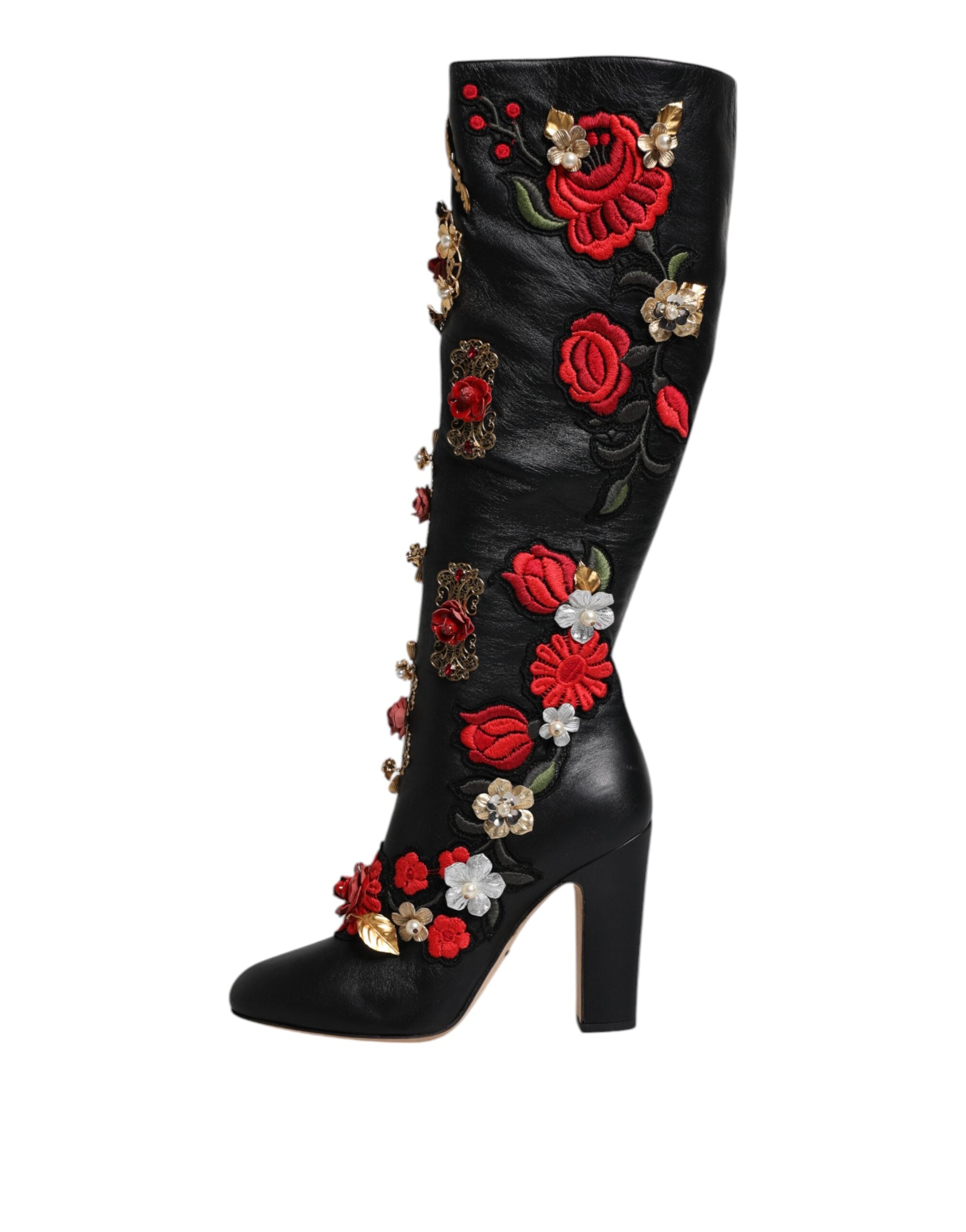 Dolce & Gabbana Black Roses Embellished Leather Heel Boots Shoes LUNESCAPE