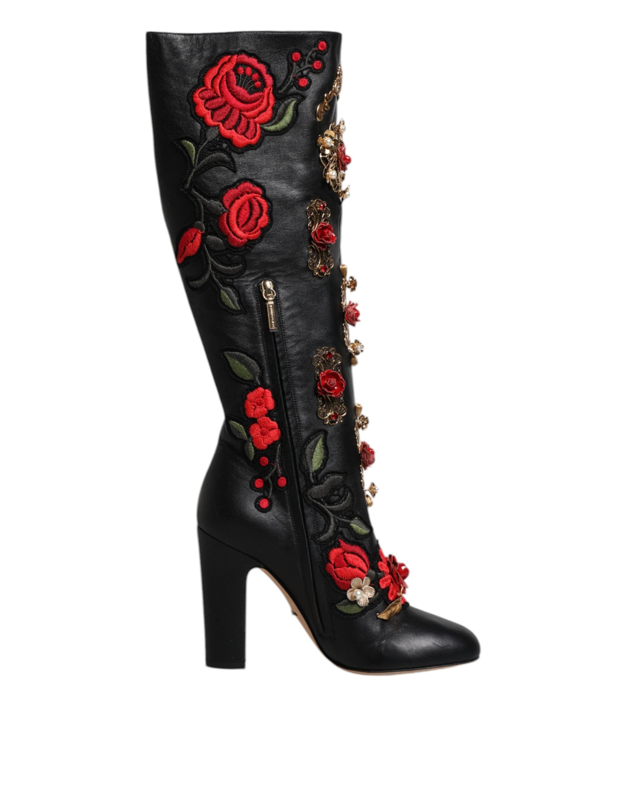 Dolce & Gabbana Black Roses Embellished Leather Heel Boots Shoes LUNESCAPE