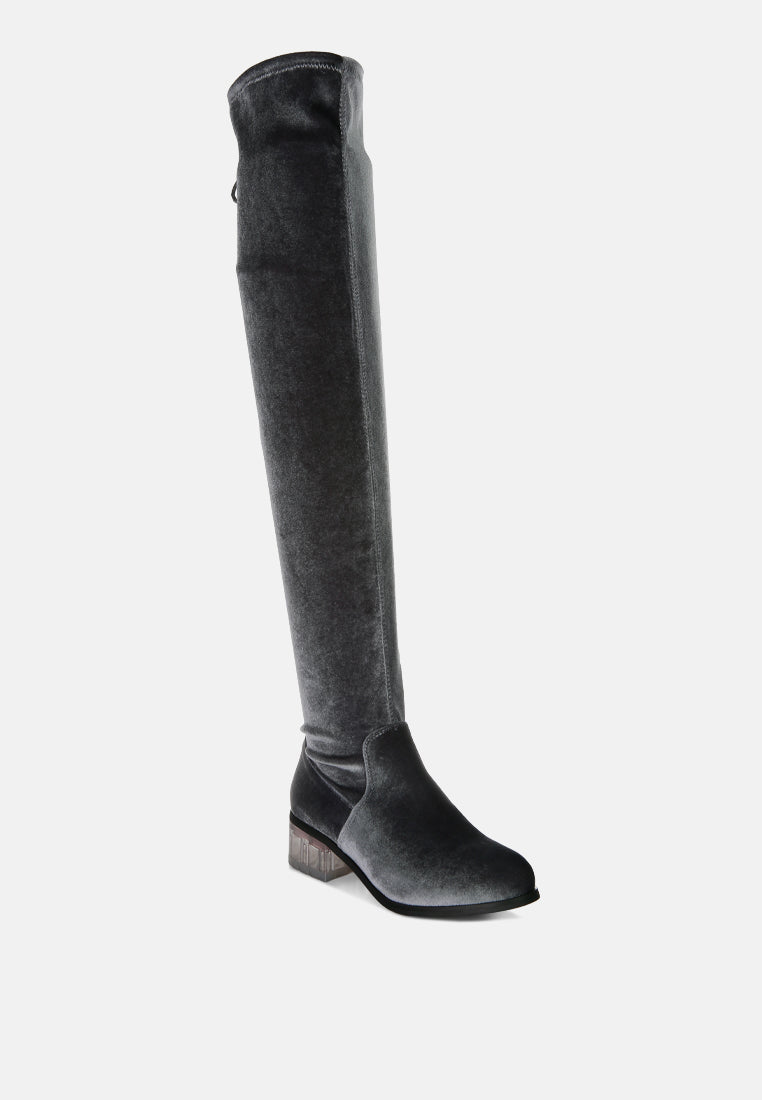 Rumple Velvet Over the Knee Clear Heel Boots LUNESCAPE