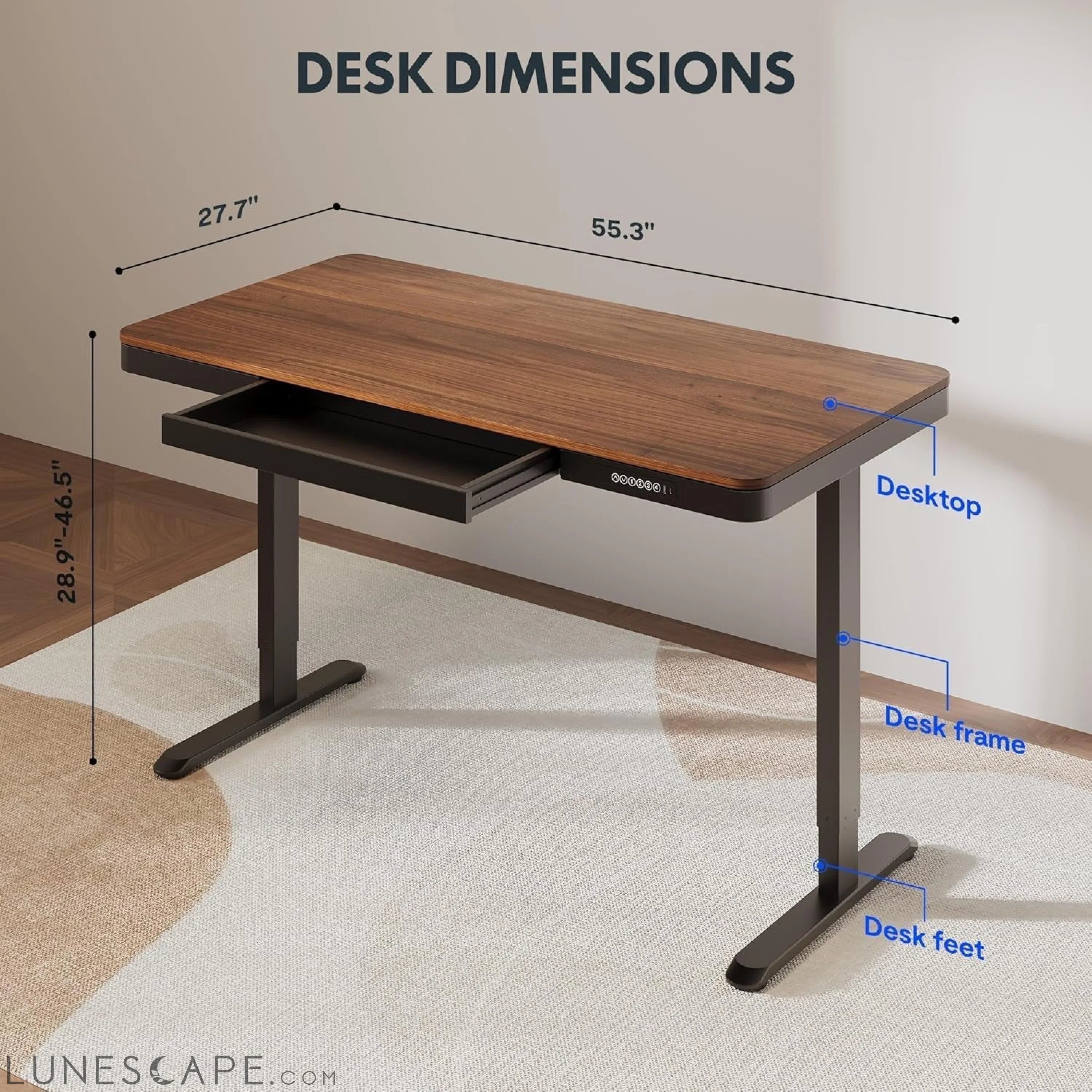 55" Electric Standing Desk with Drawers, Quick Assembly Home Office LUNESCAPE