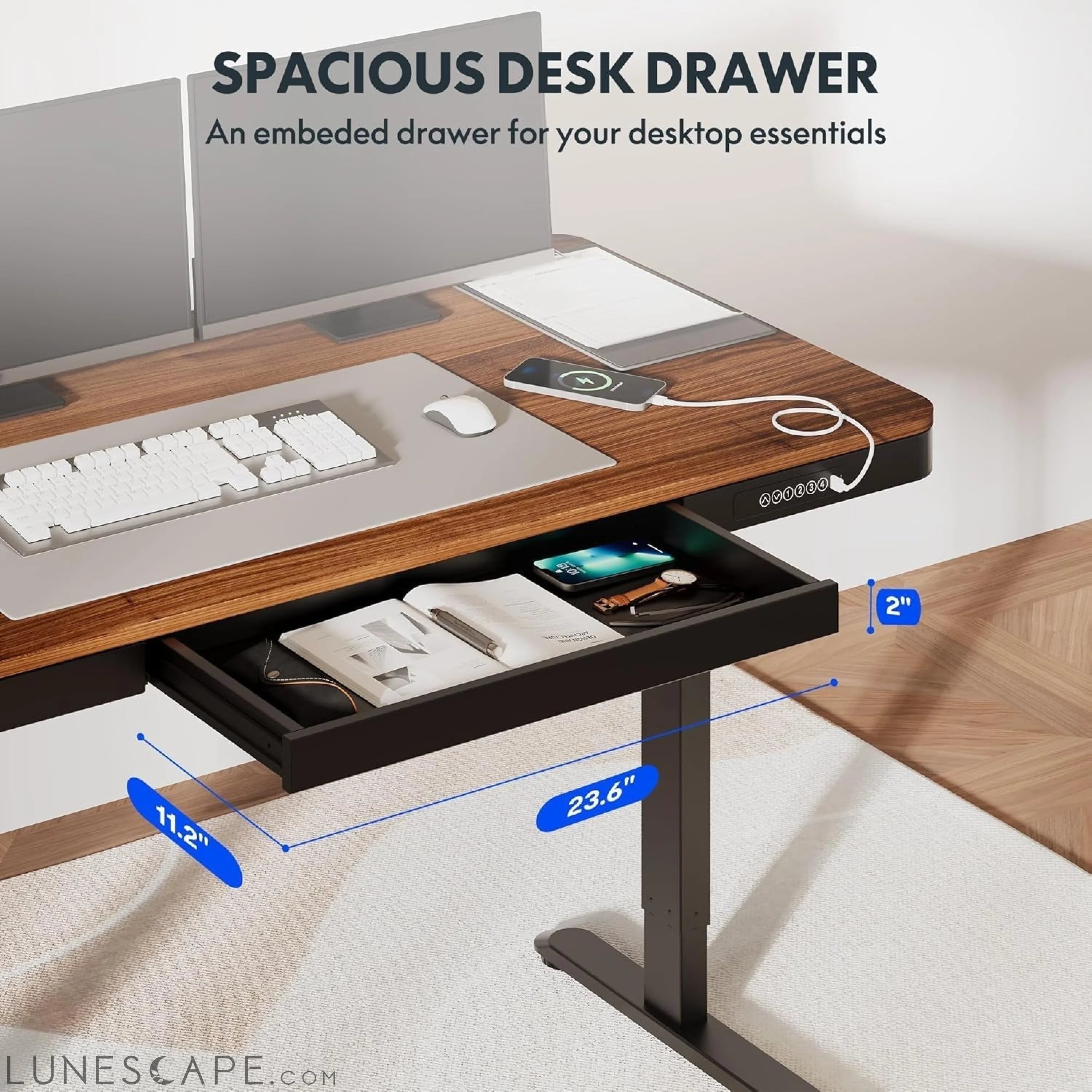 55" Electric Standing Desk with Drawers, Quick Assembly Home Office LUNESCAPE
