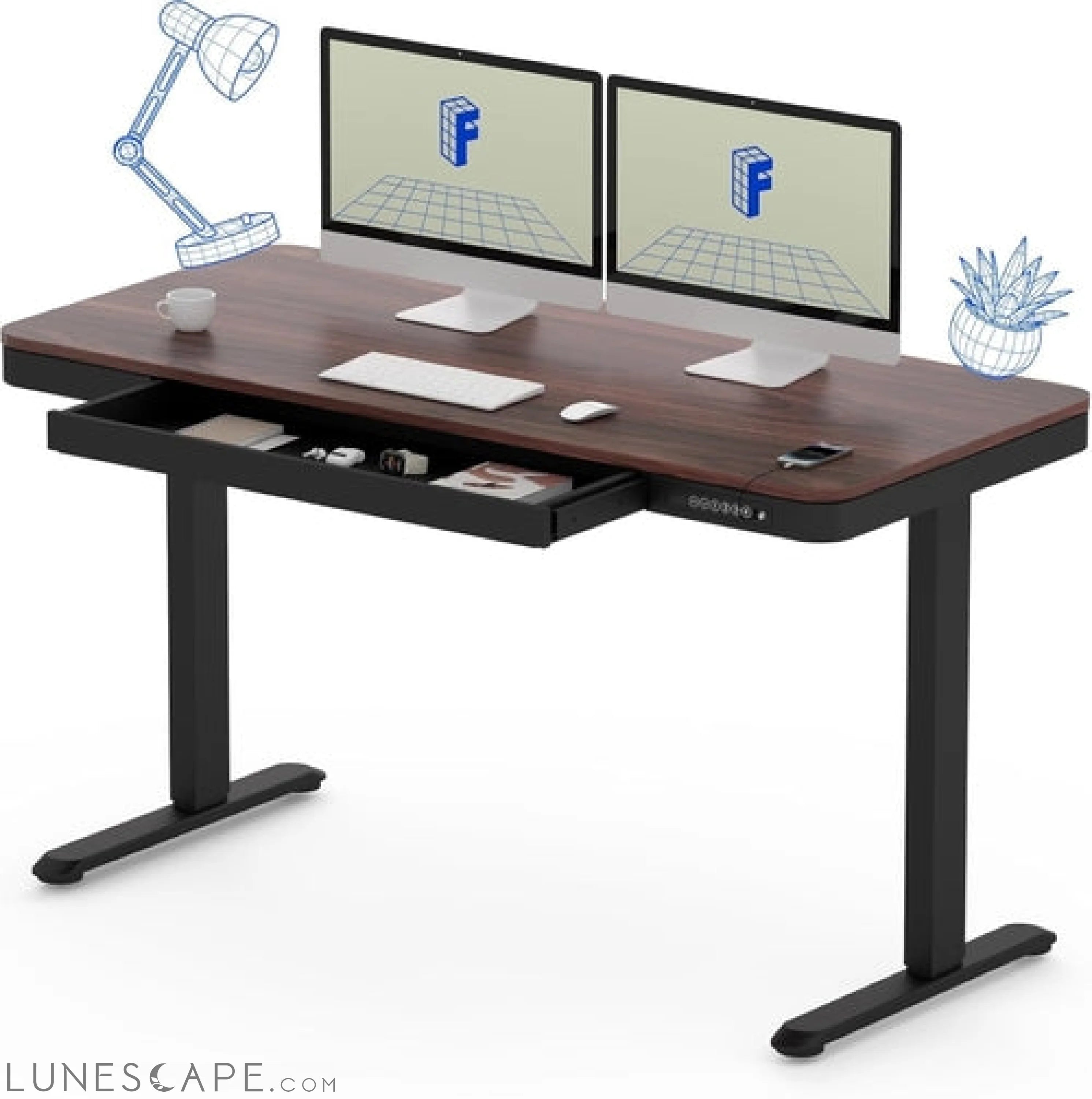 55" Electric Standing Desk with Drawers, Quick Assembly Home Office LUNESCAPE
