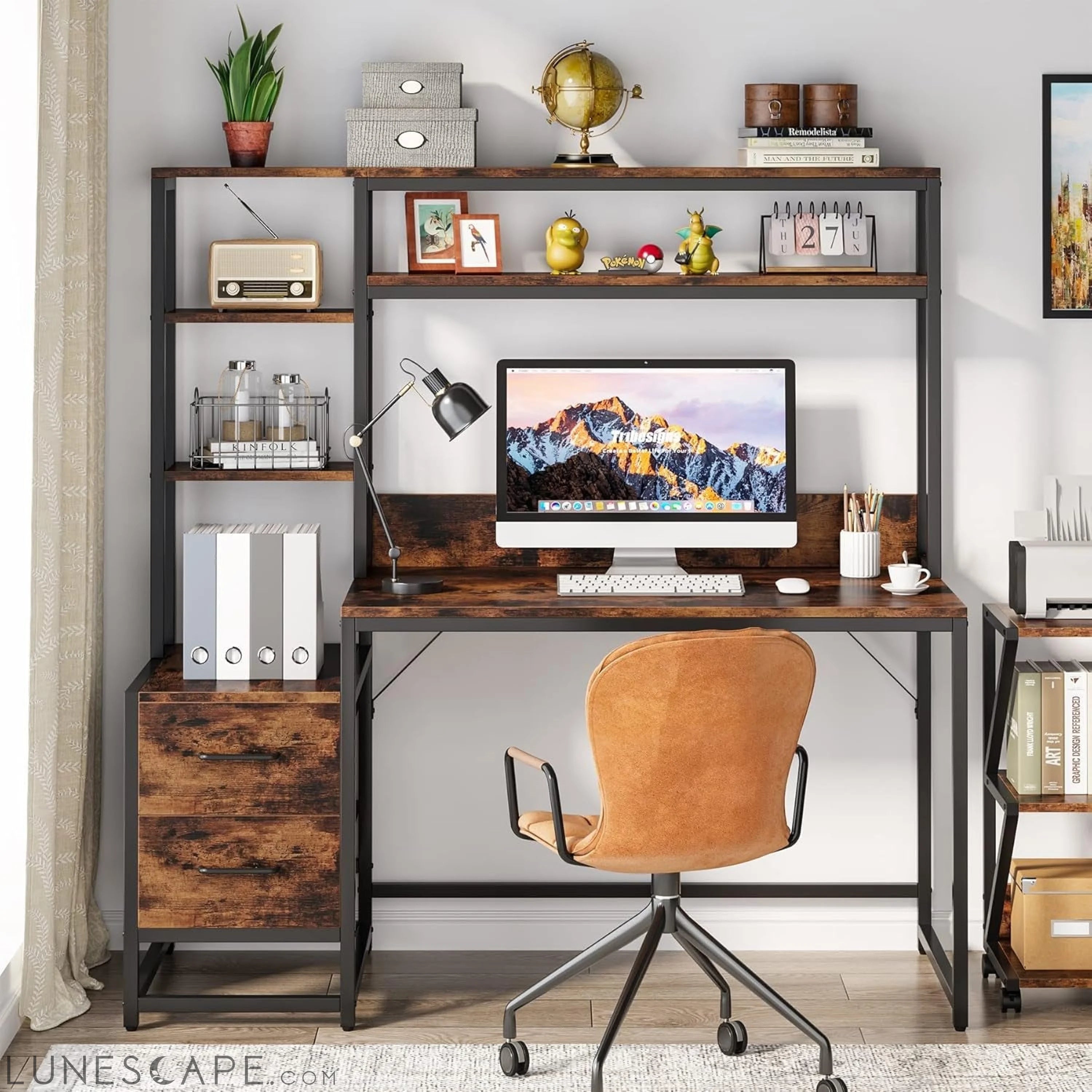 55 Inch Computer Desk with 2 Drawers and Storage Shelves, Rustic LUNESCAPE