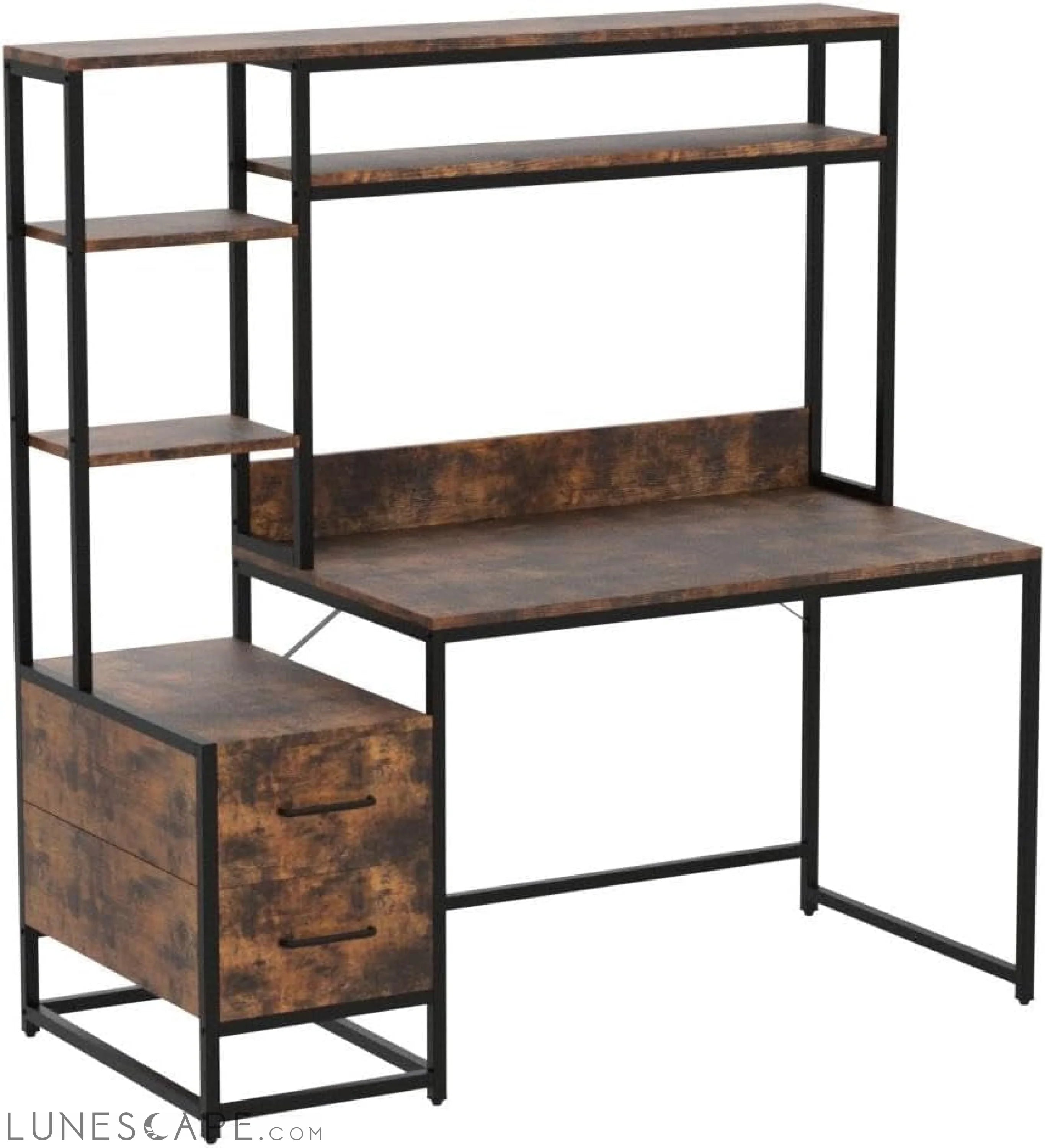 55 Inch Computer Desk with 2 Drawers and Storage Shelves, Rustic LUNESCAPE