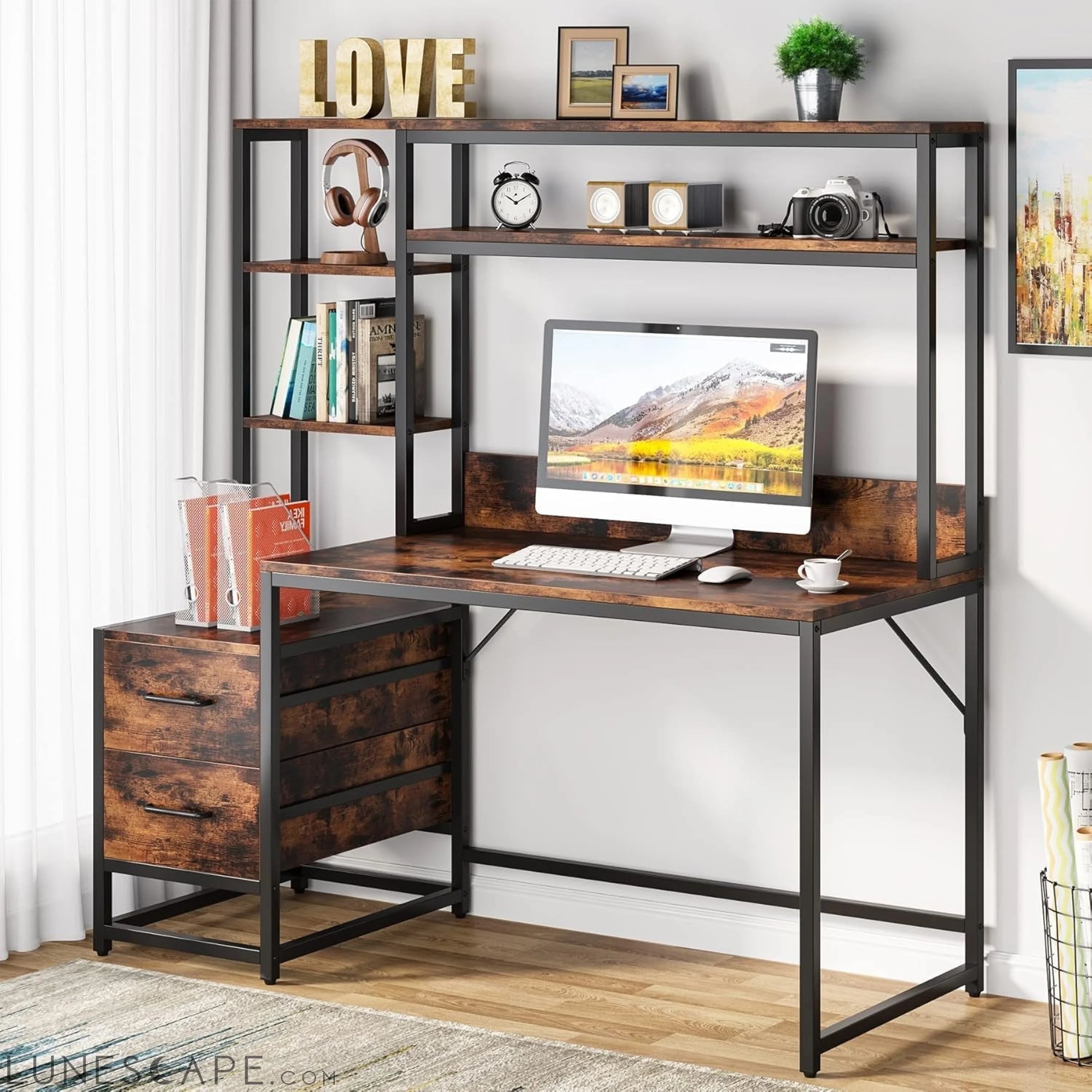 55 Inch Computer Desk with 2 Drawers and Storage Shelves, Rustic LUNESCAPE